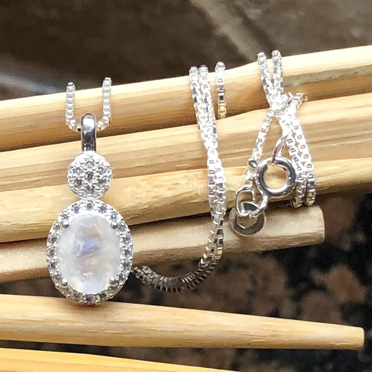 Genuine Rainbow Moonstone 925 Solid Sterling Silver Pendant Necklace 16" - Image 5