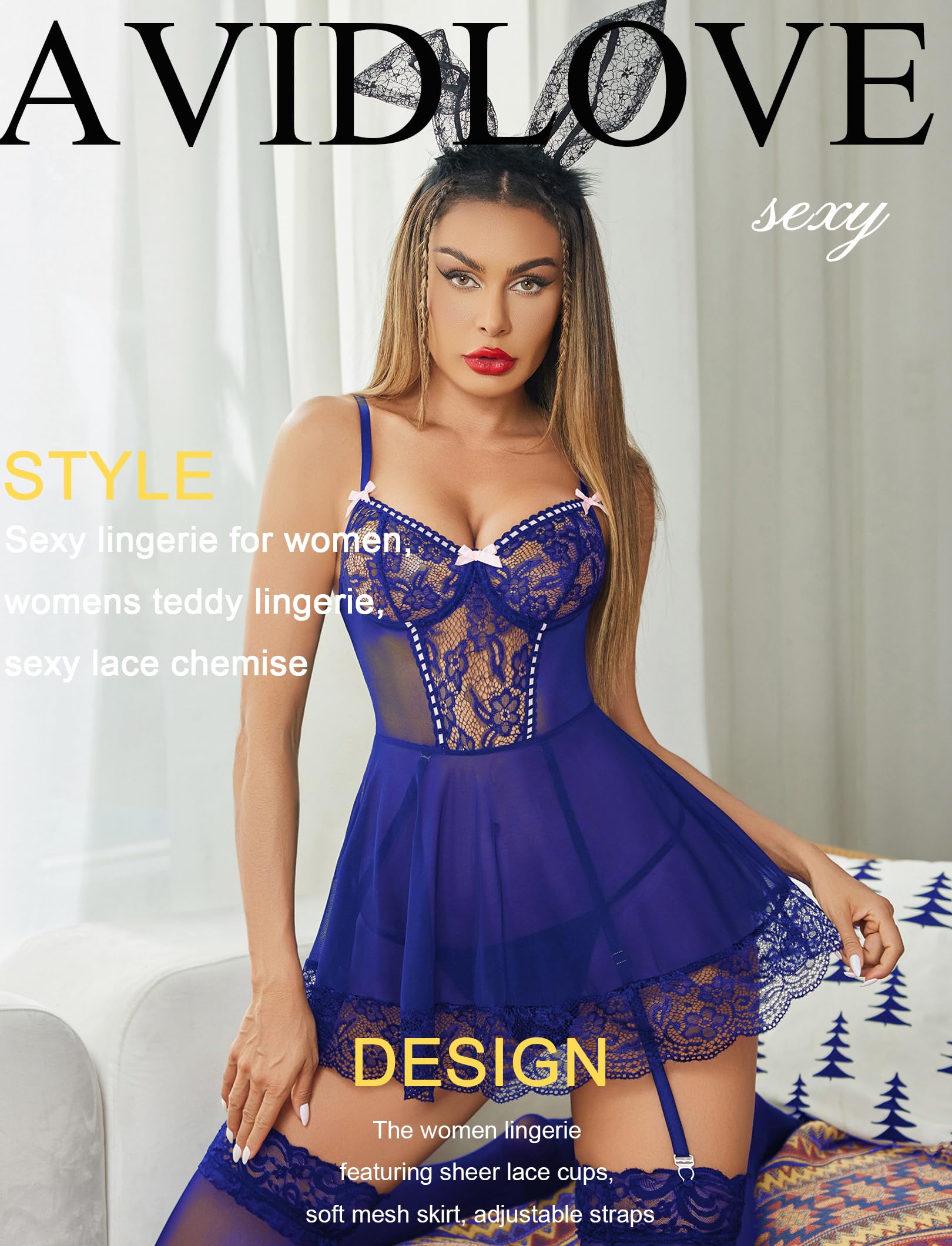 Avidlove Sexy Lingerie for Women Deep V Neck Lace Babydoll Mesh Chemise Boudoir Nighty with Garter Belt: Medium Blue