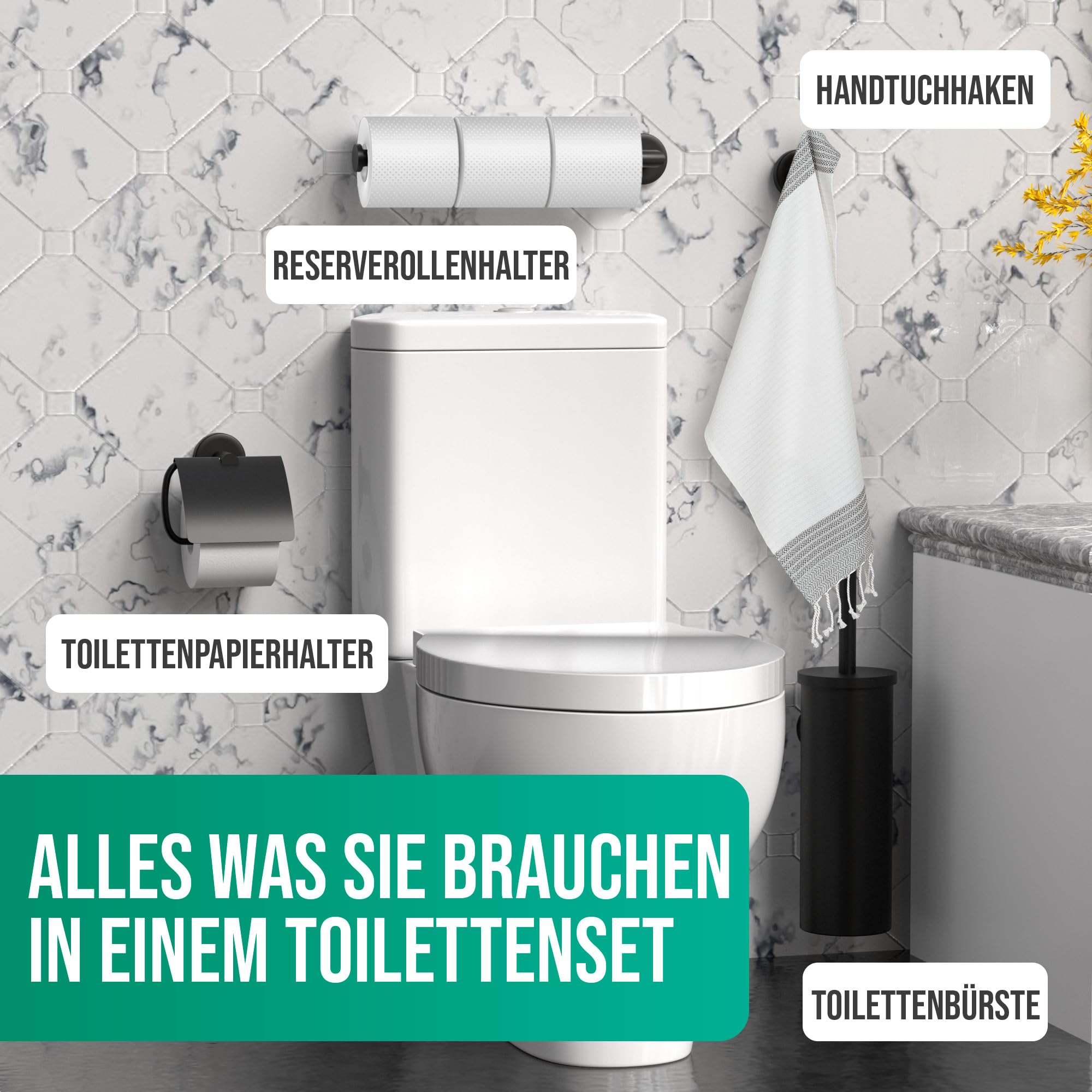 Avalo Toilettenzubehör Set Schwarz 4-teilig - Luxus-Toilettengarnitur - Toilettenbürste mit Halter/Toilettenpapierhalter/Ersatzpapierhalter/Handtuchhaken - inkl. Befestigungsmaterial