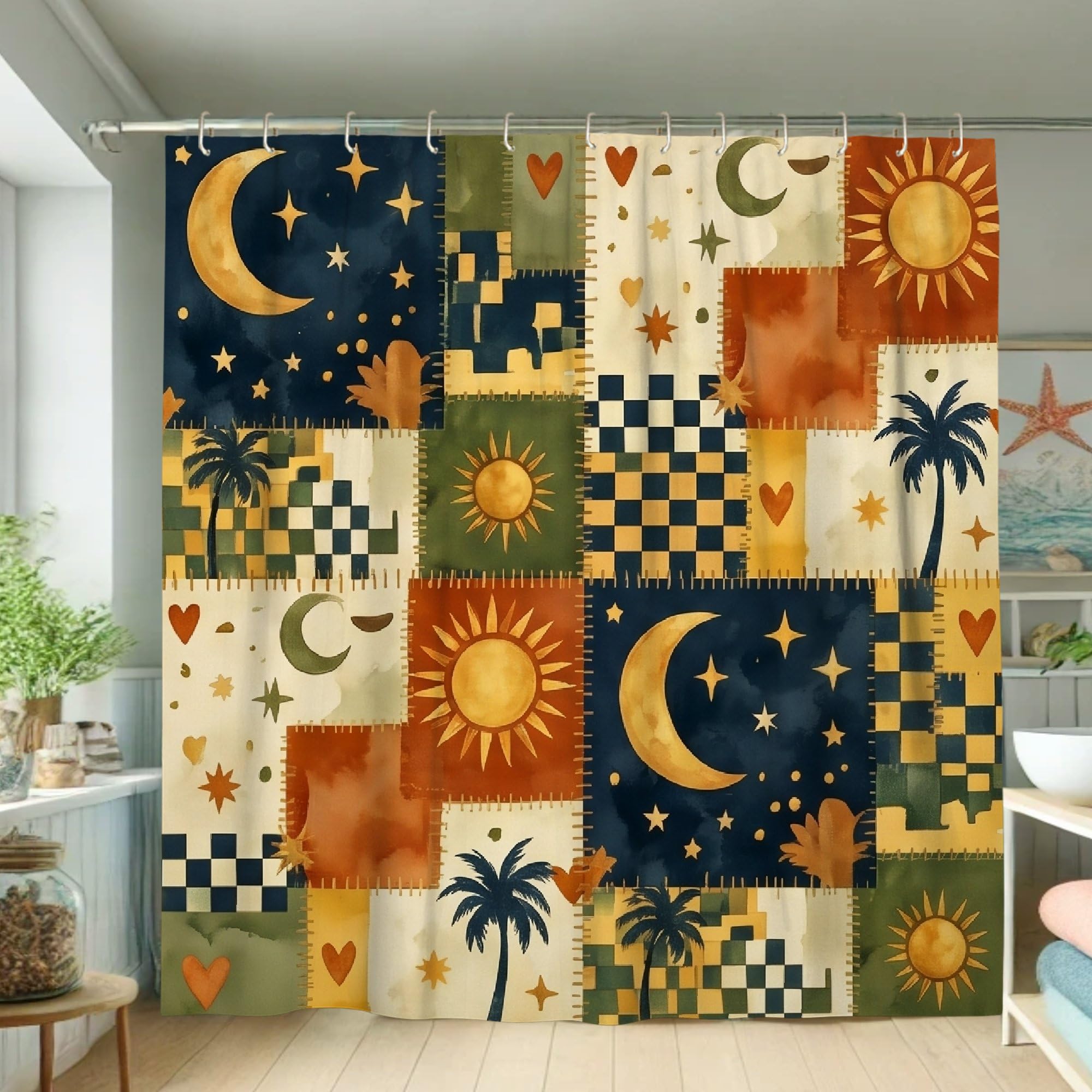Rideau de douche en tissu imperméable anti-éclaboussures bleu marine motif lune soleil