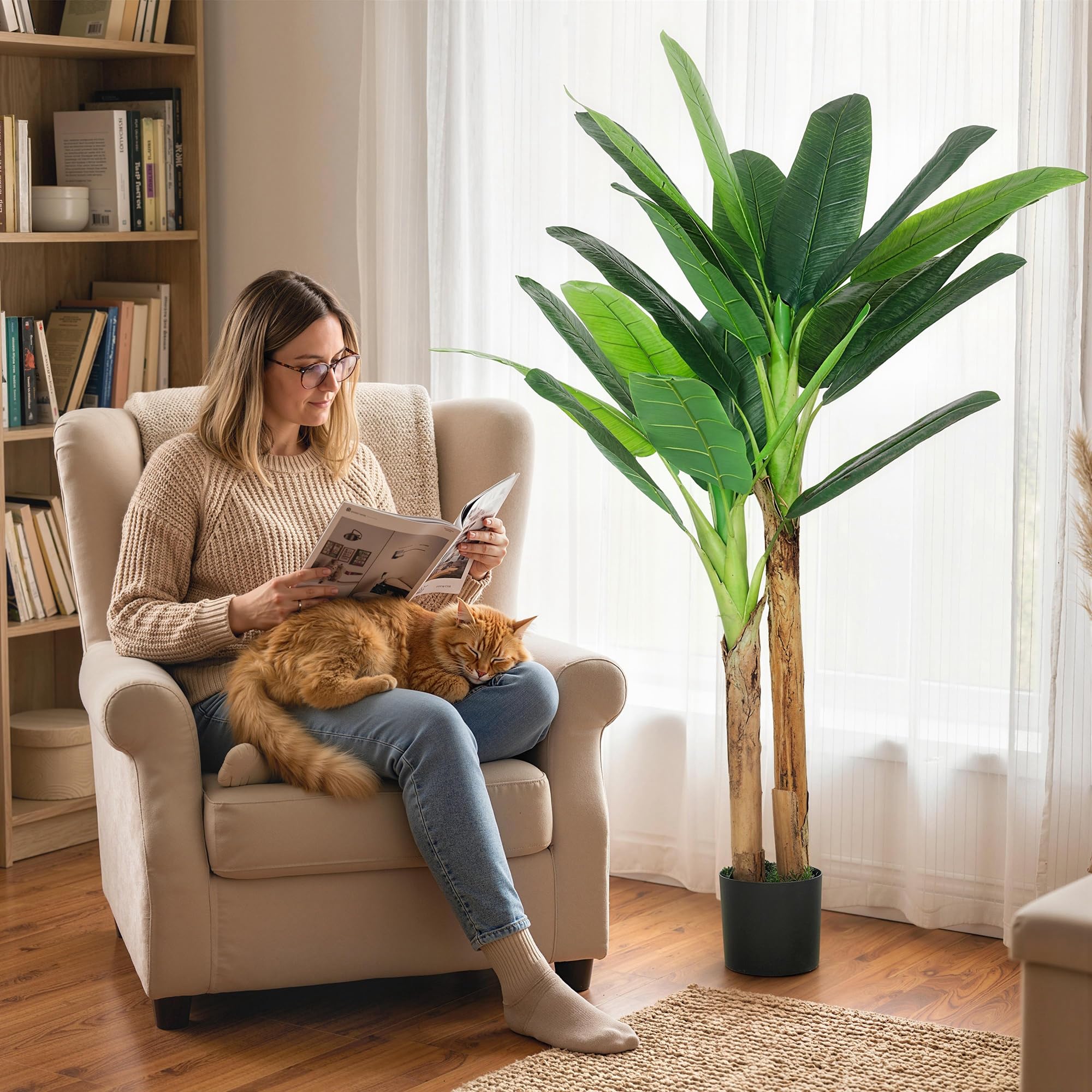 HOMCOM Árbol de Plátano Artificial 150 cm, Planta Artificial Decorativa con Maceta y 2 Troncos, para Decoración del Interior, Hogar, Oficina, Salón, Verde
