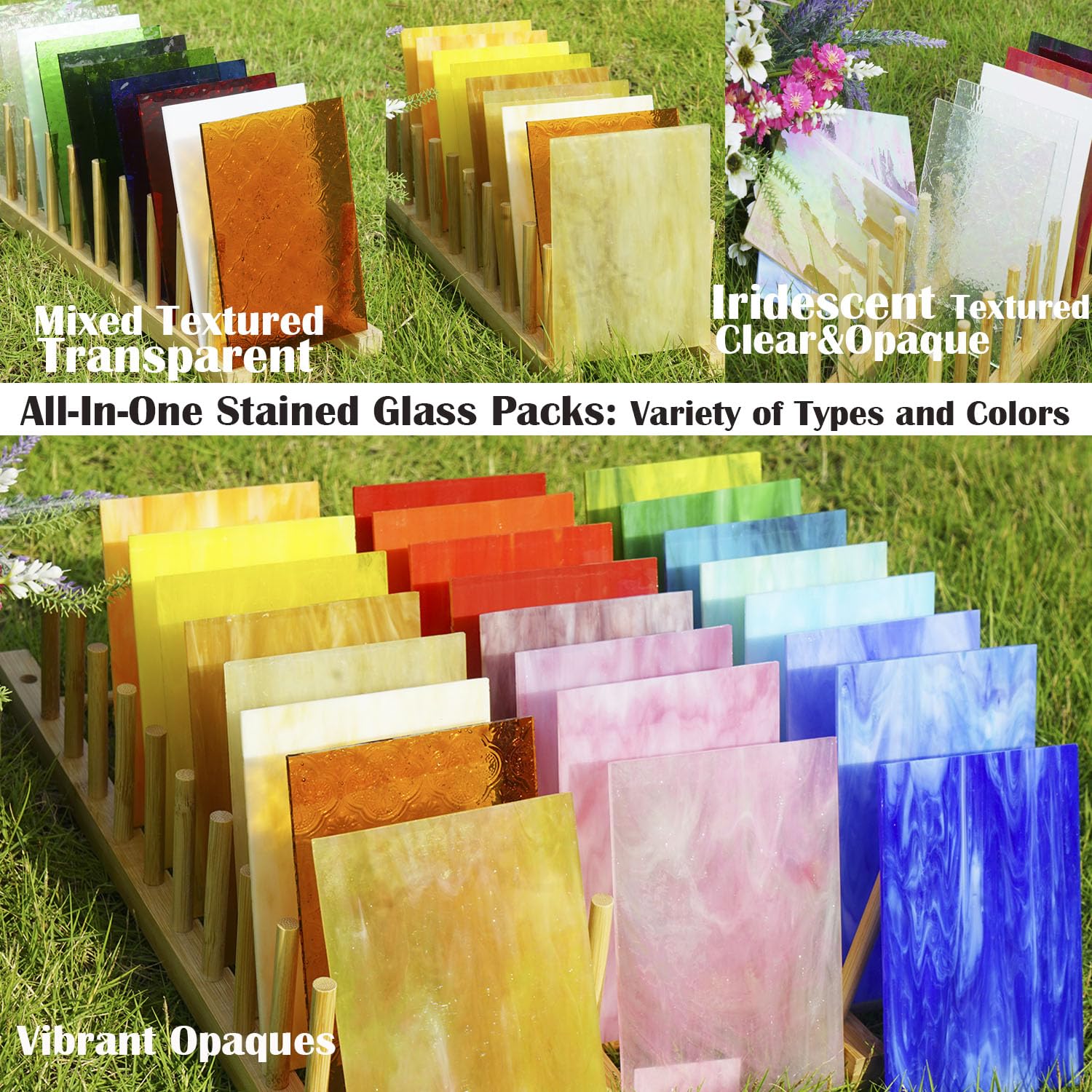 Lot de 40 feuilles de vitrail de 10,2 x 15,2 cm, assortiment de couleurs vives et textures, feuilles de mosaïque irisées, opaques et transparentes pour travaux manuels en mosaïque