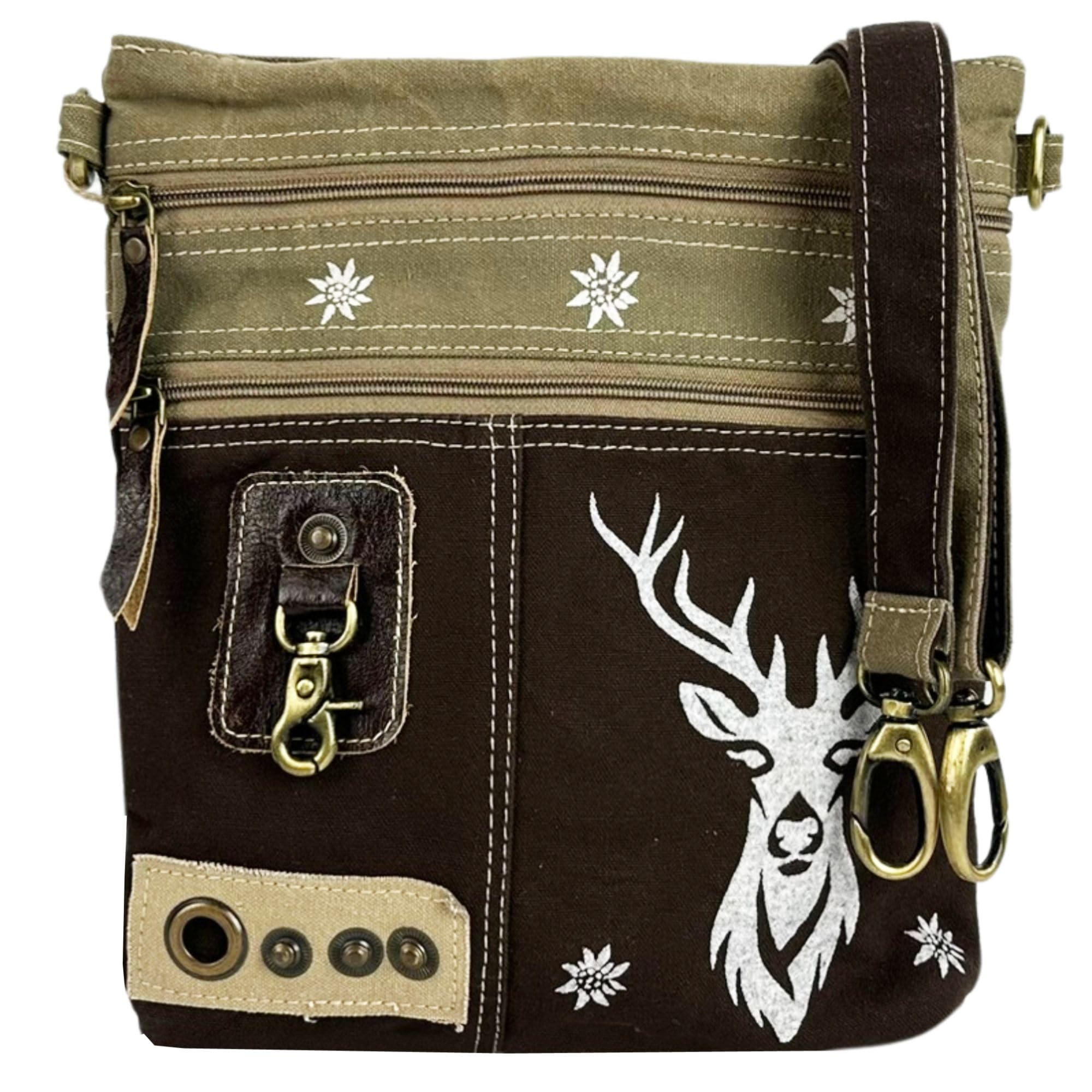 Domelo Dirndl Bolso bandolera Oktoberfest para mujer, accesorios pequeños, con ciervo, pequeños regalos para adolescentes, niñas, crossbody Bag vintage, retro, de lona y piel, marrón, 25x 29x5 cm