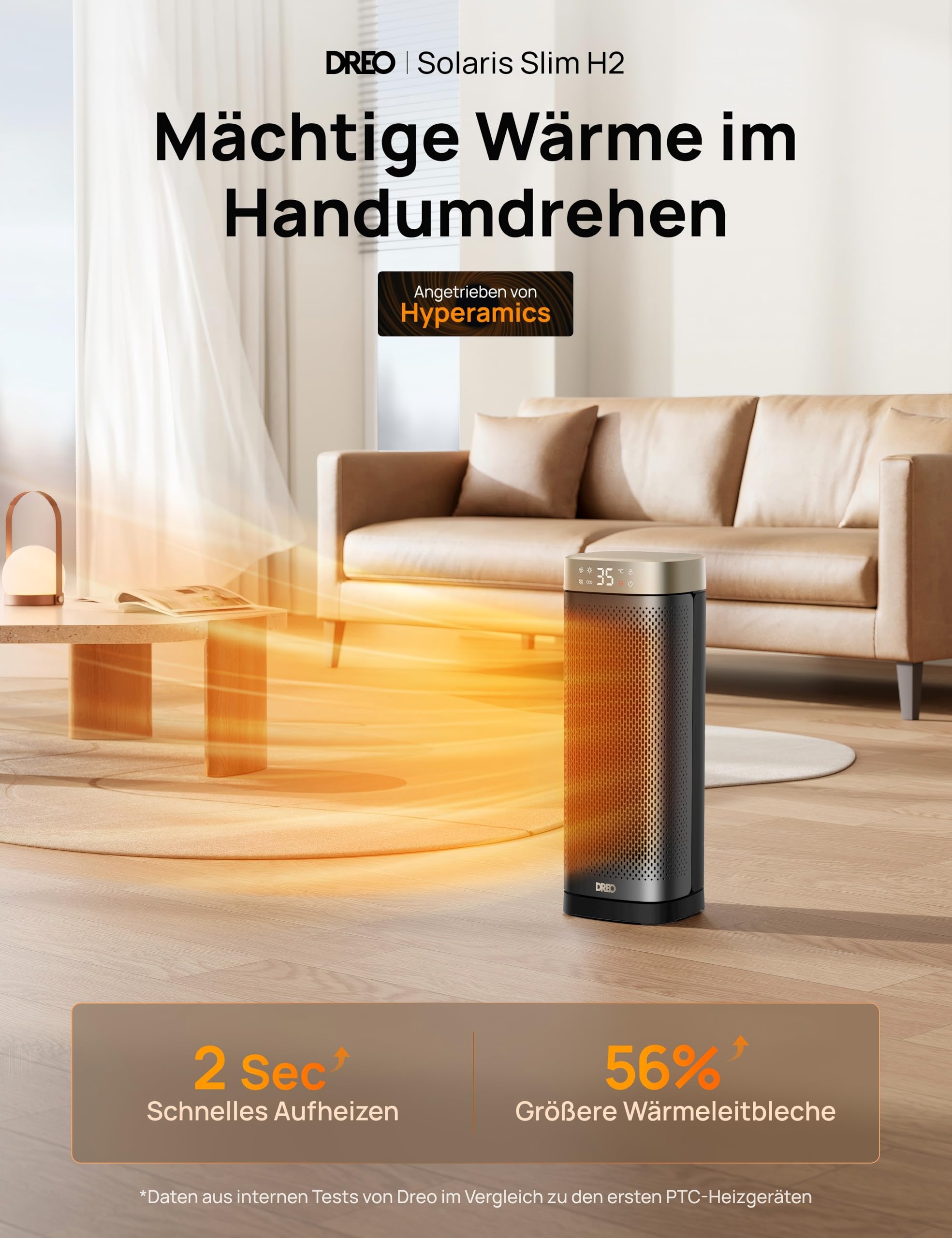 DREO Heizlüfter Energiesparend Leise, 2000W Keramik Heizung mit Thermostat, 12-Std-Timer, 3 Modi, 70° Oszillation, 16 Zoll Elektroheizung für Räume, Überhitzungs-Kippschutz, Solaris Slim H2, Gold