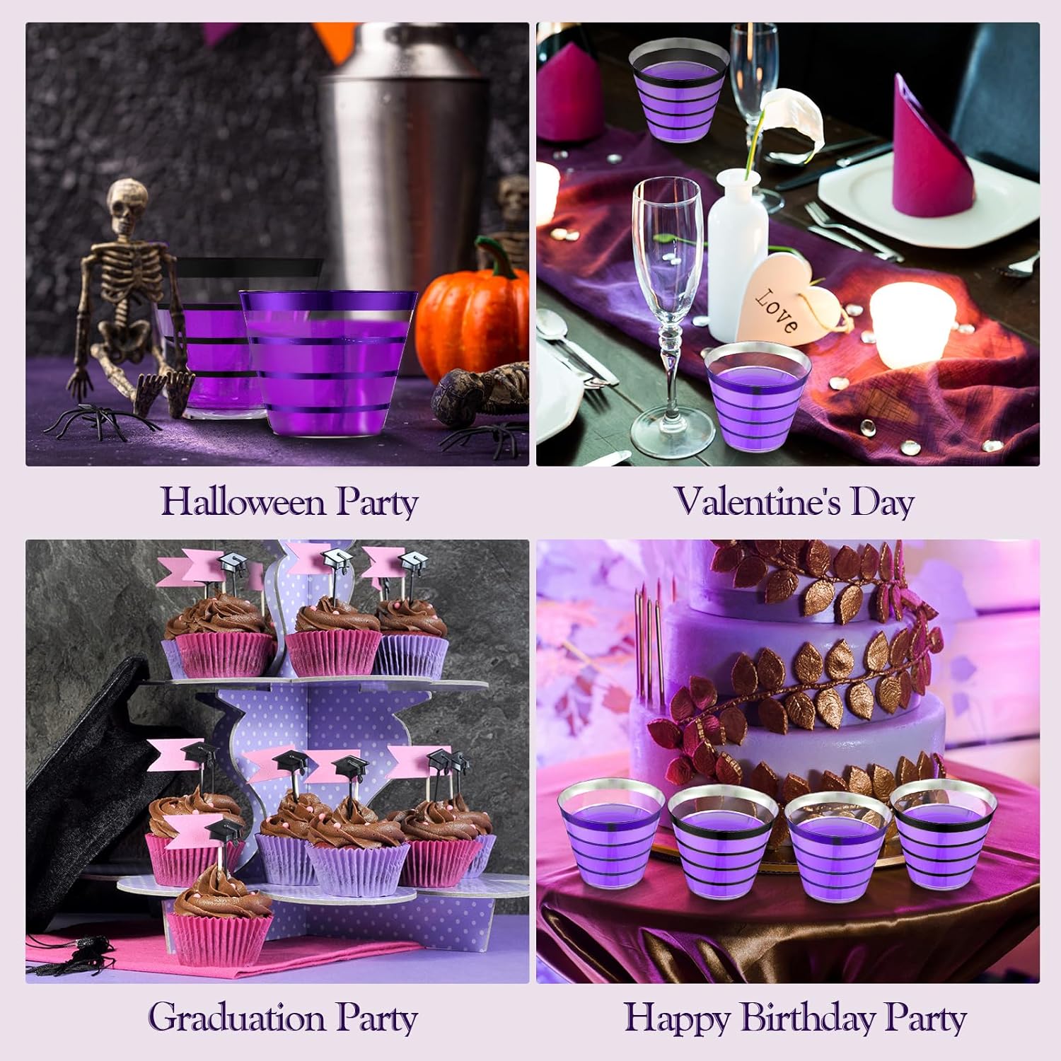 Gejoy 9 oz Black and Purple Rimmed Stripe Plastic Cups Bulk Disposable Wine Hard Plastic Drinking Cocktail Cups Tumblers for Wedding Gathering Party Supplies(black, Purple, 100pcs)