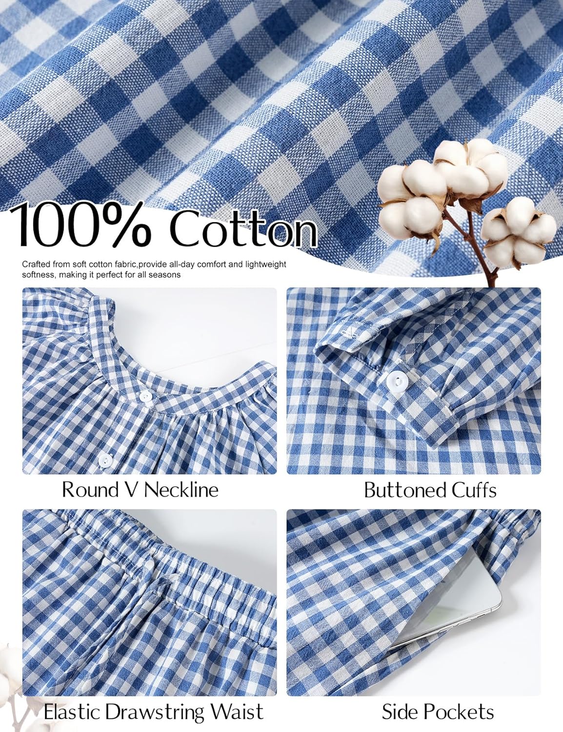 COZYPOIN Womens Plaid 2 Piece Pajamas Sets Cotton Gingham Puff Long Sleeve Cute Shirt Ruffle Pants Y2K Pjs Lounge Set - Image 6