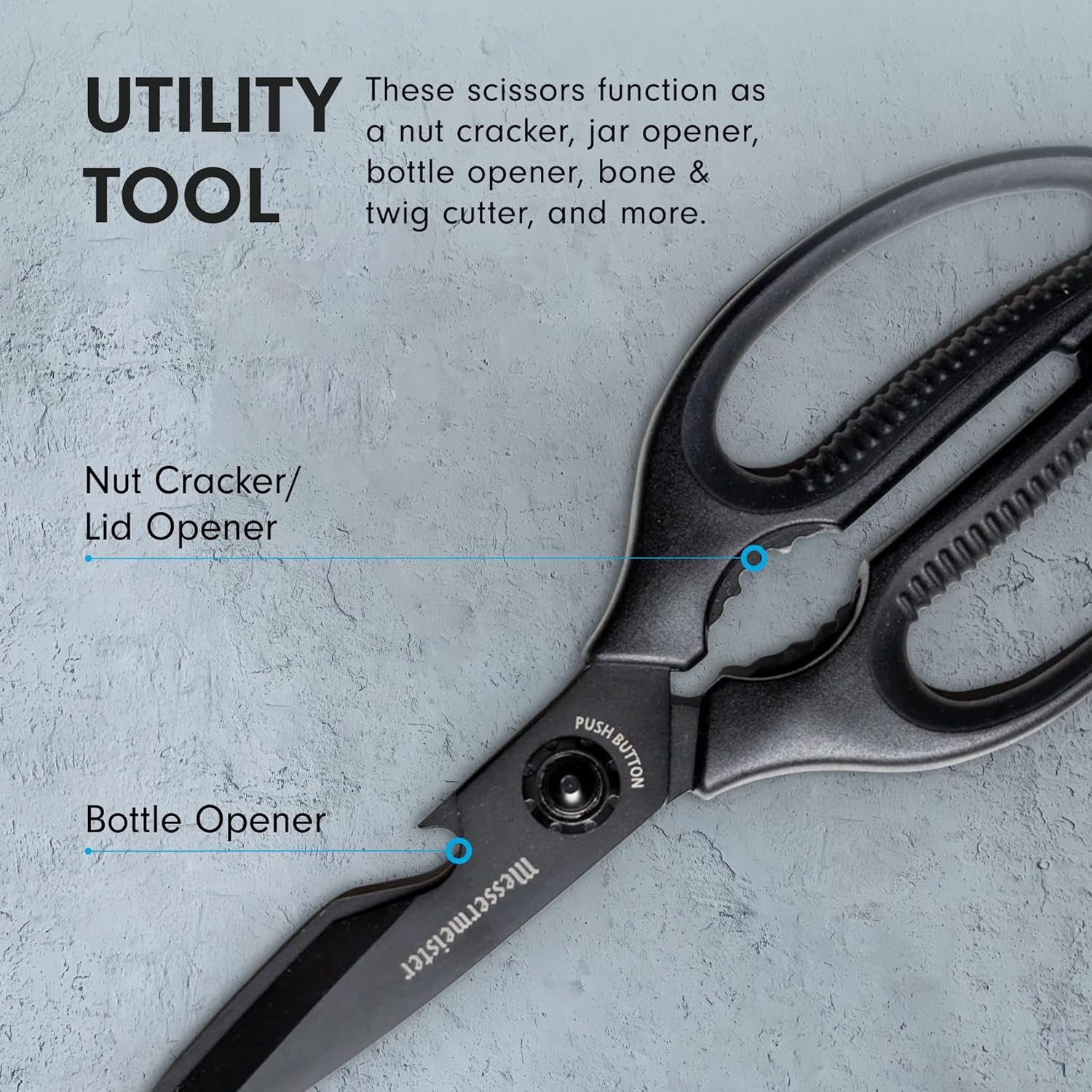 Messermeister 7-Inch Push Button Precision Shears, Titanium Black - High-Carbon Stainless Steel & Soft-Grip Handles - Includes Nut Cracker & Bottle Opener