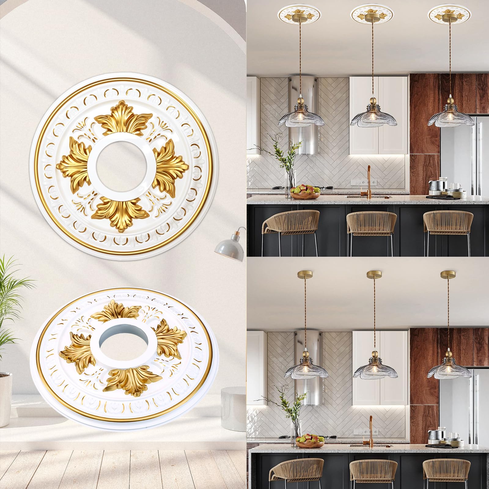 Primst PU Decorative Ceiling Medallion for Light Fixtures and Ceiling Fans, Molded Plastic, Gold and White Finish, (B-15.6"OD x 4.3"ID) — Amazon image 2