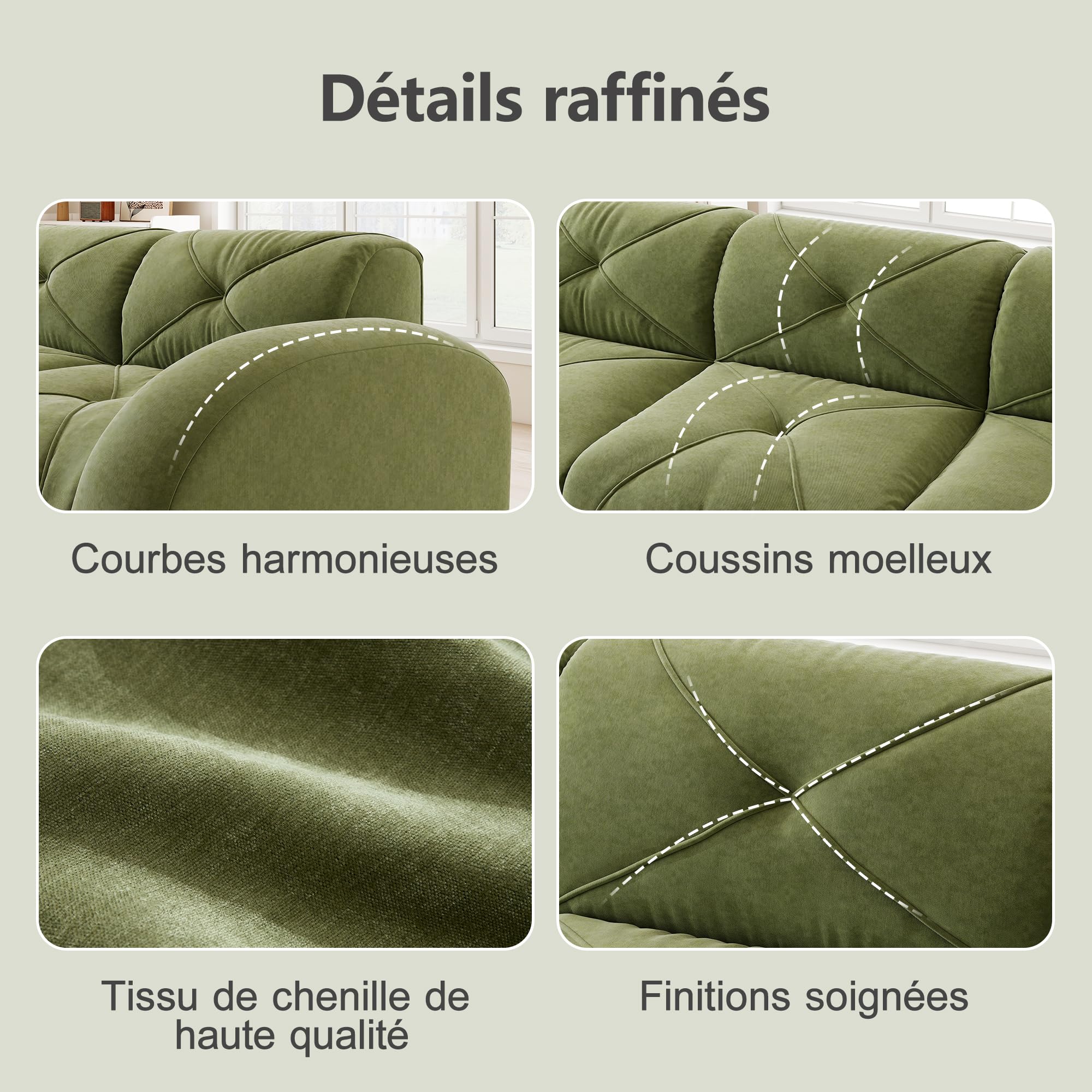 L-Sofa 3-Sitzer mit Fußhocker, Chenille, 32D-Schaum, Grün