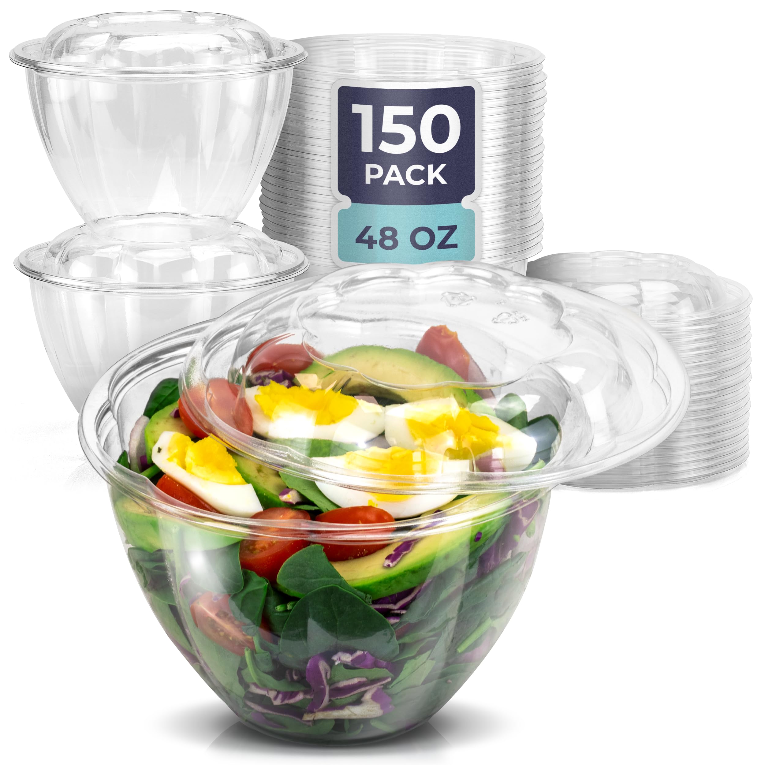 Fit Meal Prep 150 Pack 48 oz Disposable Plastic Clear Salad Bowls with Airtight Lids - To Go for Lunch, Takeout, Party, Catering, Picnic