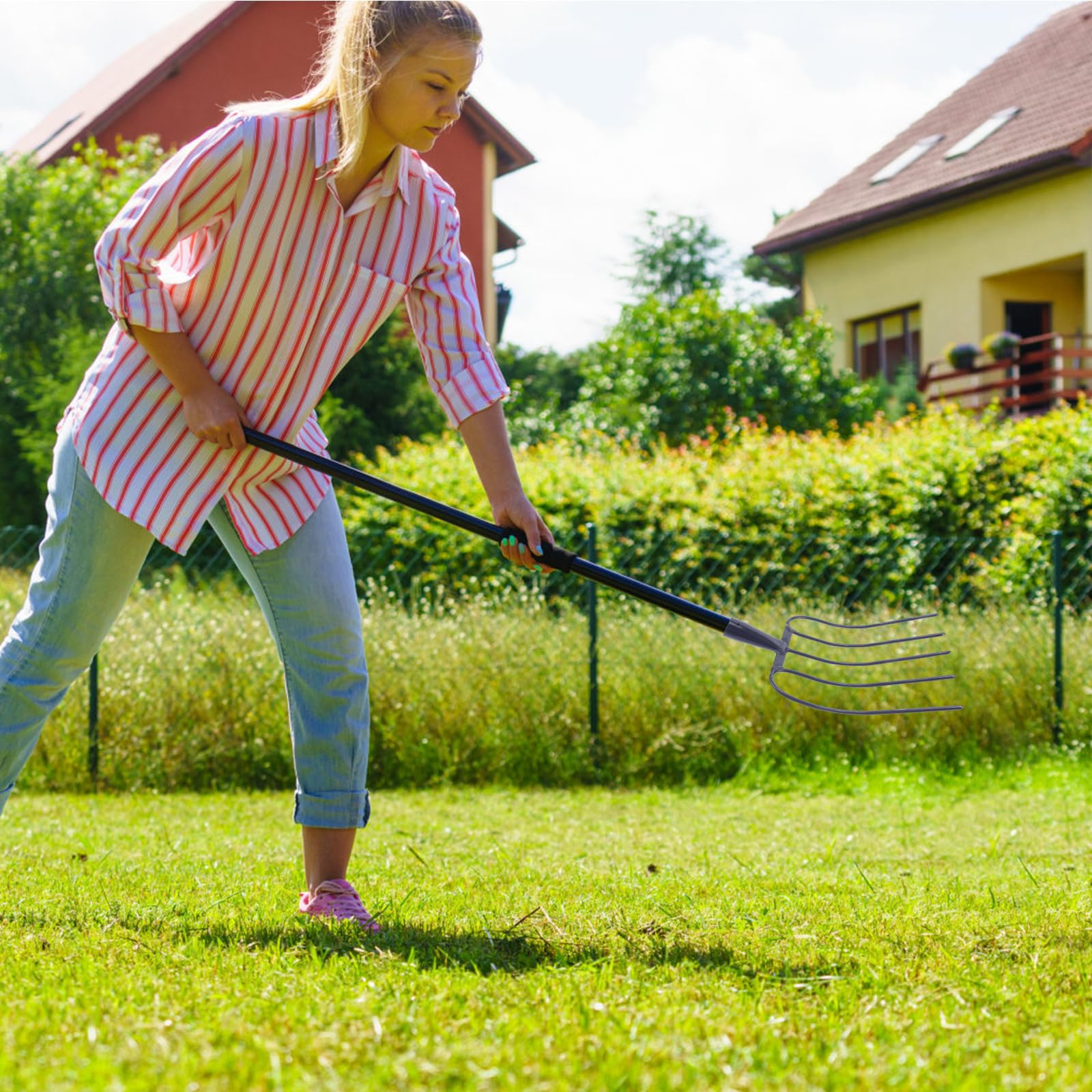 Beavorty Horquilla Agrícola de Metal Sólida de 5 Púas, Horca Práctica y Portátil para Estiércol y Césped Doméstico, Herramienta Versátil para Limpieza en Jardines y Zonas Campestres