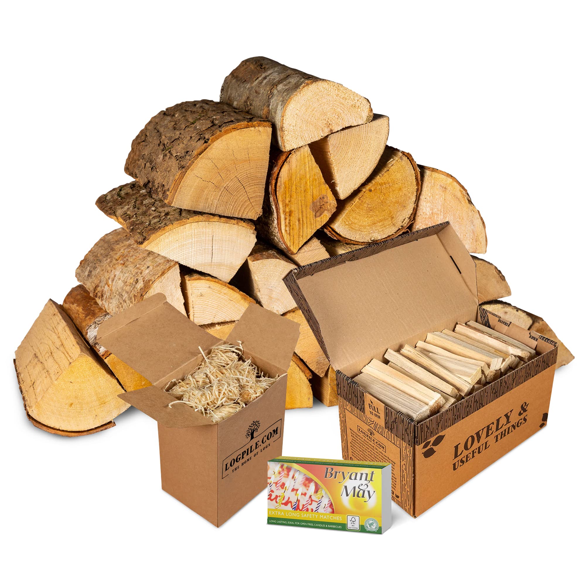 Logpile - Fire Pit 20kg Starter Kit | Kiln Dried logs for Outdoor Fire pits, Wood Burners, Stoves & Fireplace | Kiln Dried Kindling, Natural Firelighters and Matches | Sustainably Sourced Firewood