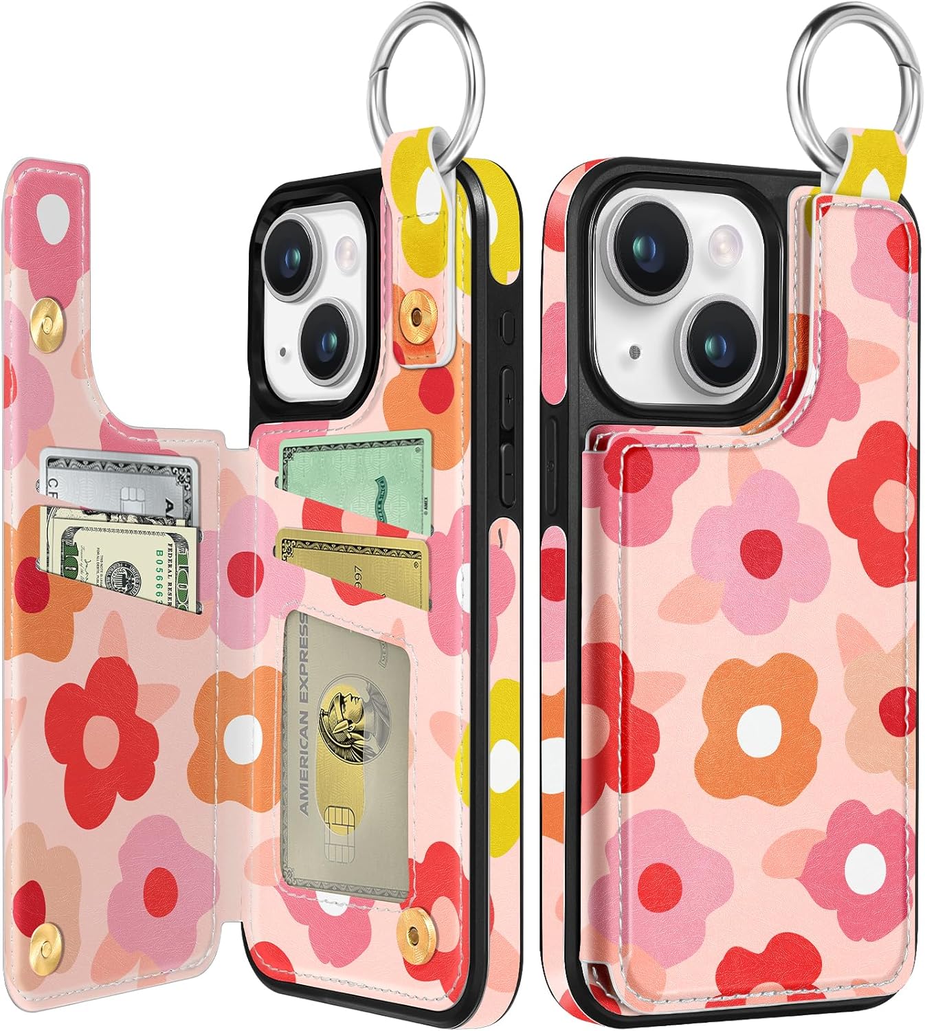 for iPhone 15 plus Wallet Case with Card Holder, Cute Designer Pk Flower Pattern Kickstand Magnetic Clasp Back Flip Folio Leather Cases for iPhone 15 plus phone for Girls Women Boys Teens Pk Flower for iPhone 15 Plus
