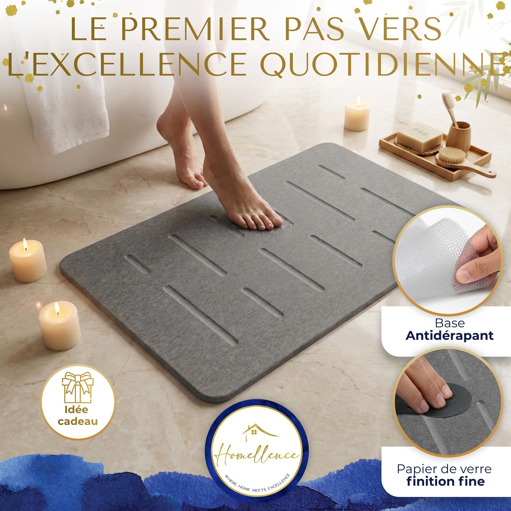 Homellence Tapis de Bain Diatomite 60x39 cm - Sortie de Douche Pierre