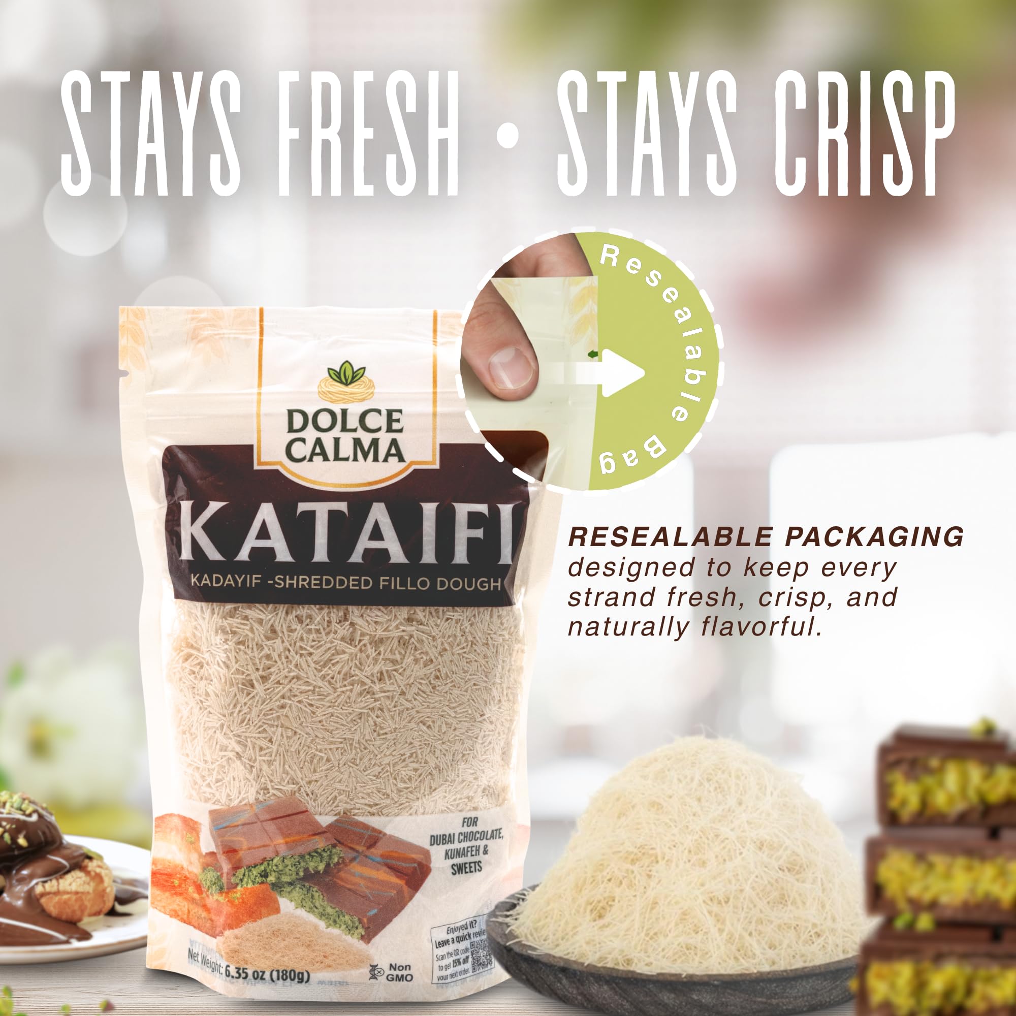 Dolce Calma Dried Kadayif Kataifi Shredded Fillo Dough 6 4 oz 180g Resealable Bag Dubai Chocolate Bar Kunafa — view 3