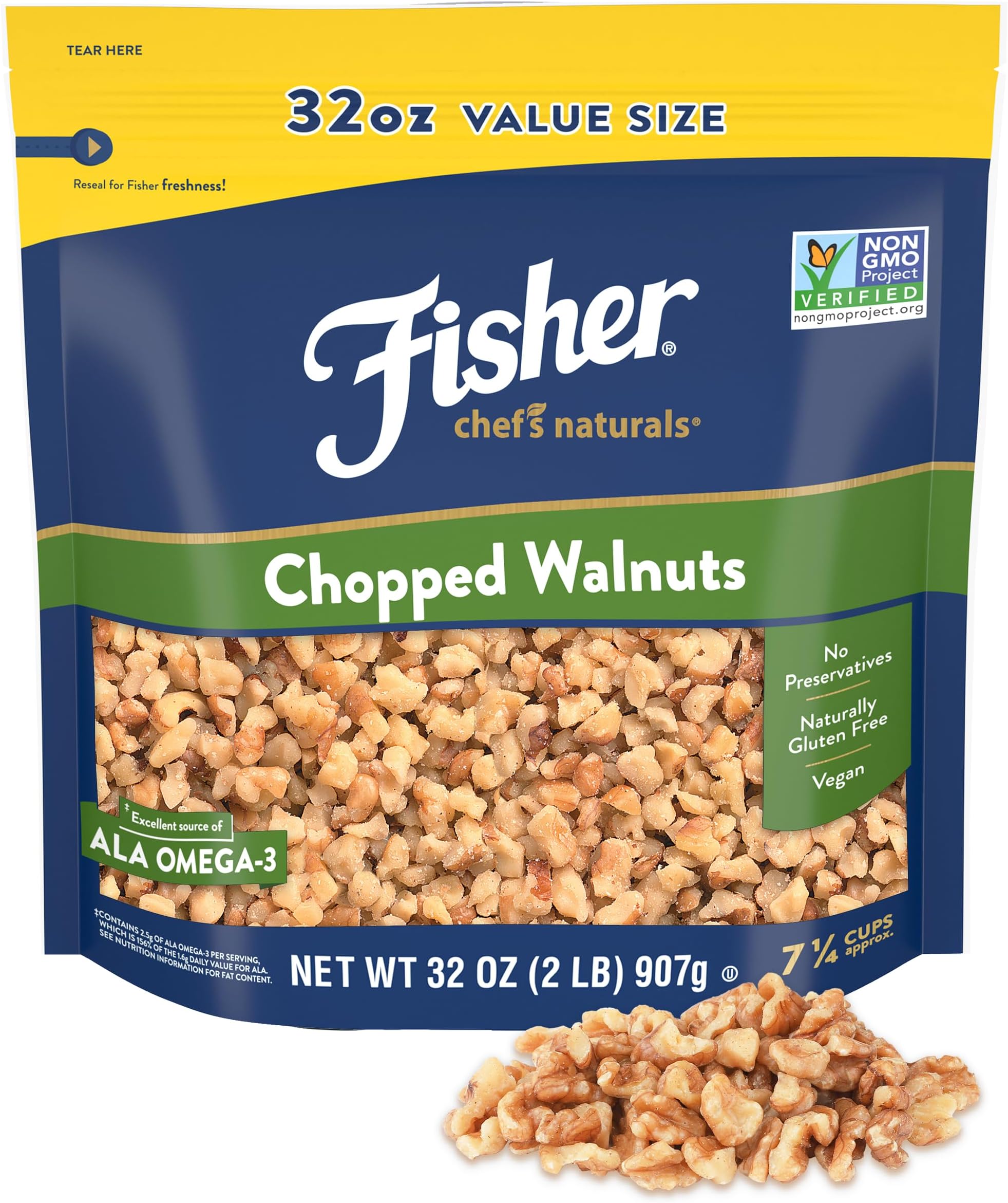 Fisher Chef's Naturals Chopped Walnuts 2 Lb, 100% California Unsalted Walnuts...