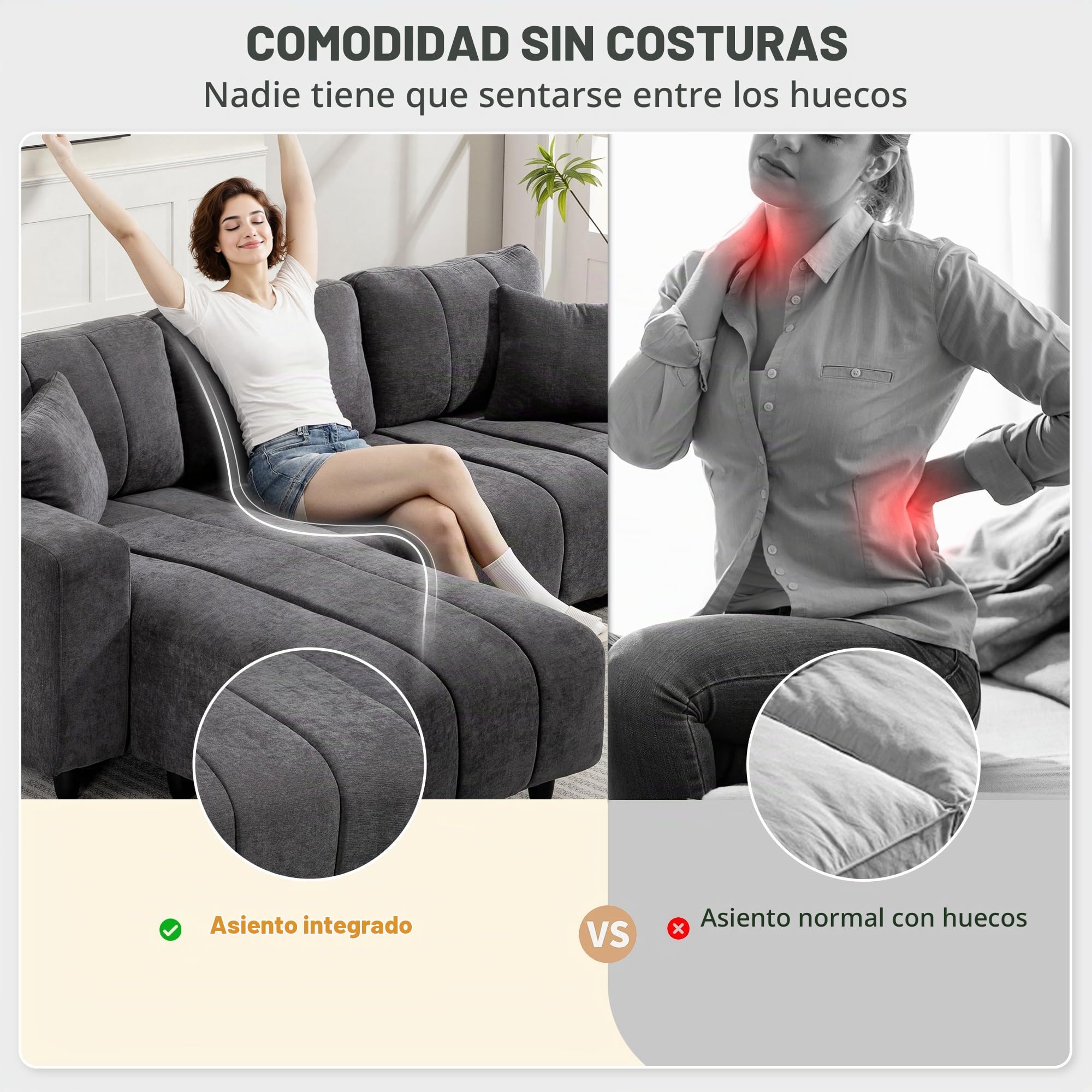 HOMCOM Sofá Chaise Longue Reversible 3 Plazas 242x156x87 cm Gris Oscuro