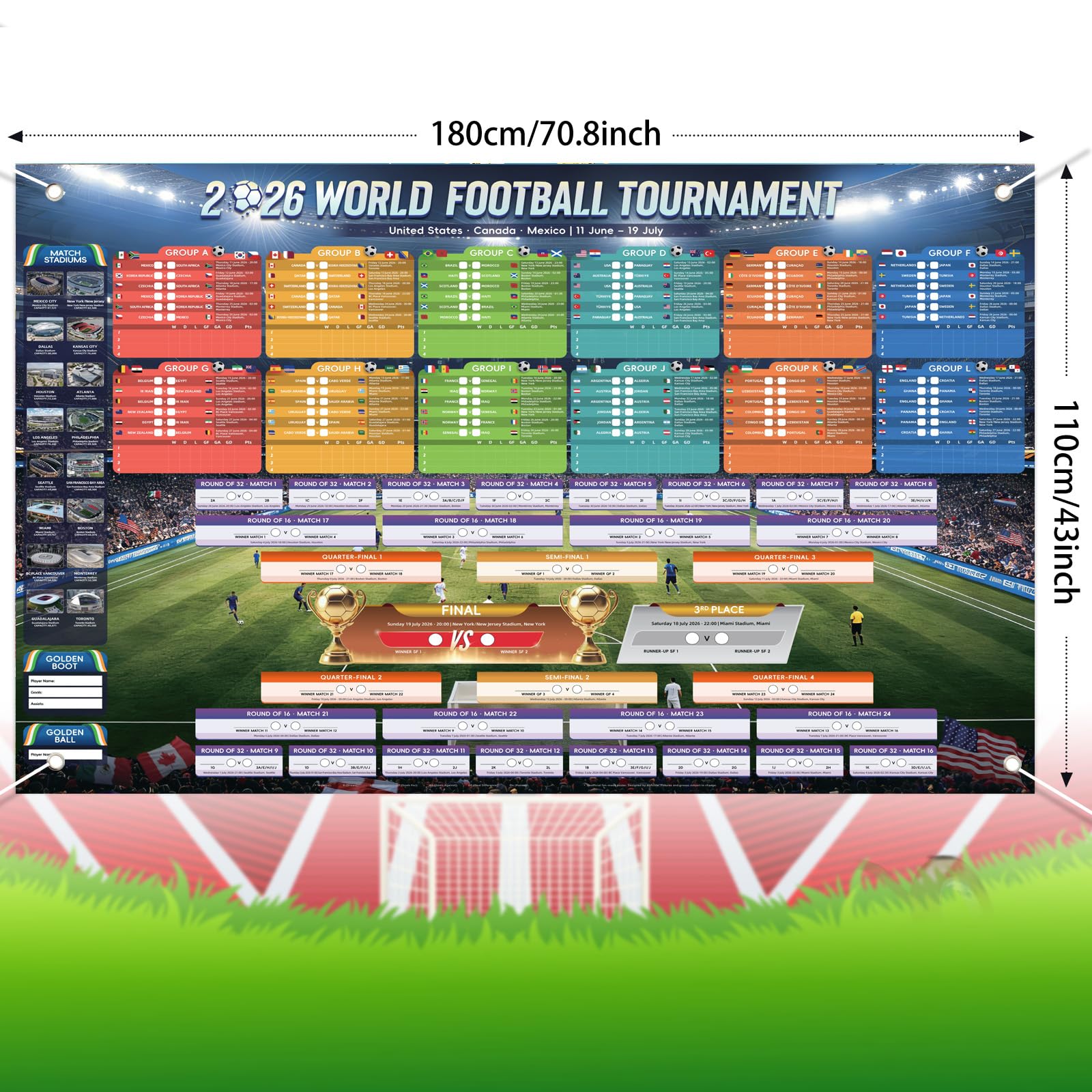 AhfuLife Grande grafico da parete in tessuto per decorazioni per feste 2026, 180 x 110 cm, include 48 squadre gruppo risultati finali calendario da parete per tifosi di calcio per interni ed esterni
