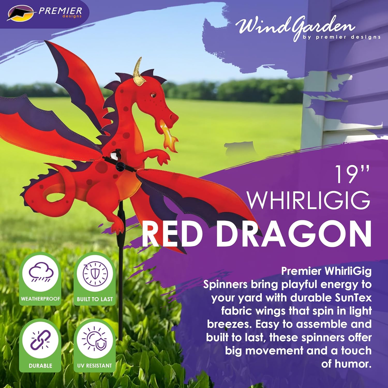 Whirligig Spinner Red Dragon 19" – Mystical Fantasy-Themed Design, Weather-Resistant Outdoor Decor, Durable & Lightweight for Patios, Yards, and Gardens - Eye-Catching Wind Spinner