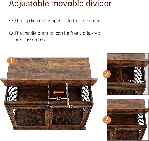 Miniatura 3 de Rophefx Mueble grande para perros con puerta corredera, perrera de madera para interiores con partición, jaula para perros con parte superior