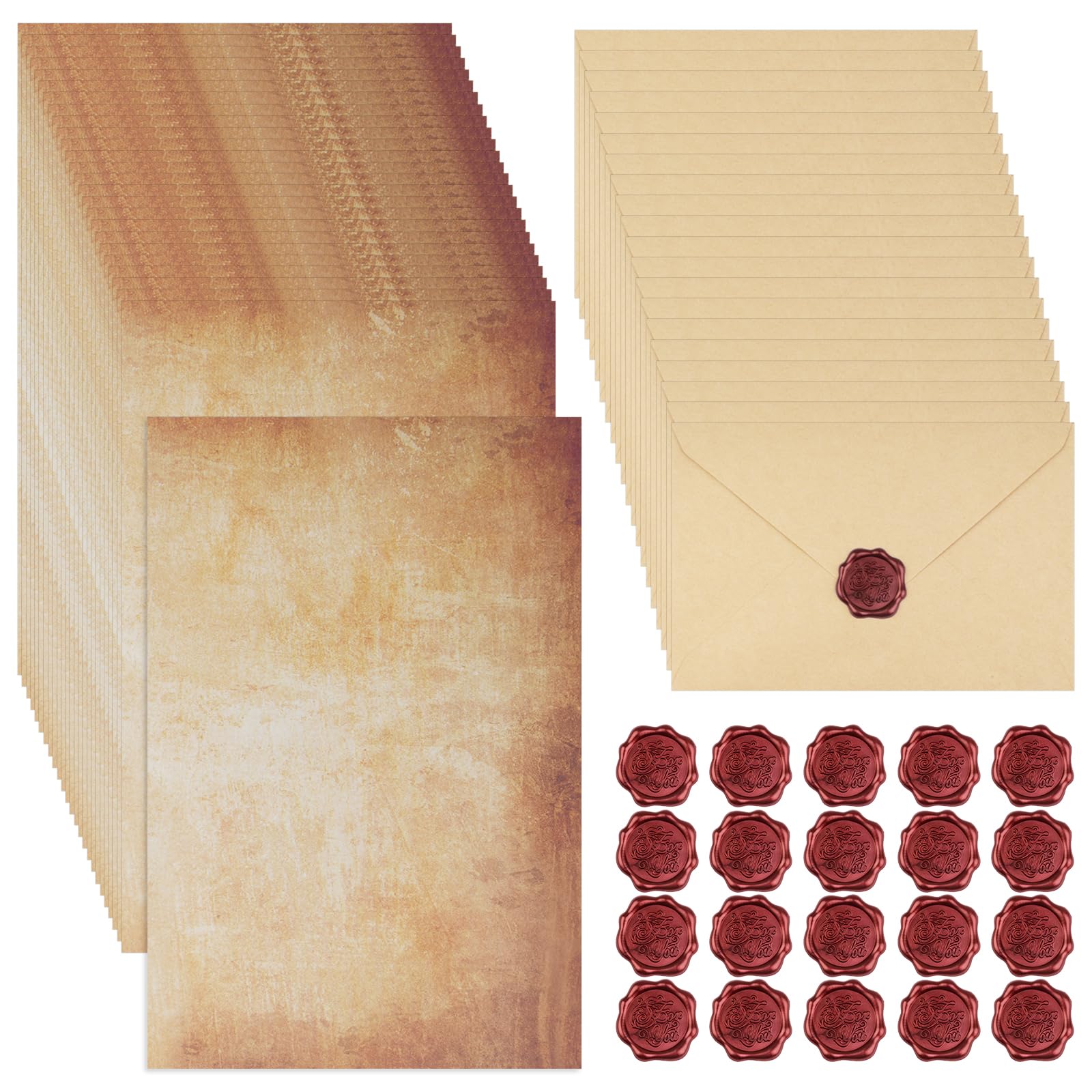 65 Pcs Letter Writing Paper and Envelopes, Vintage Letter Writing Set, 25 A5 Writing Paper with 20 Envelopes & 20 Wax Seal Stickers for Love Letters, Wedding Invitations, Greeting Cards & Gifts