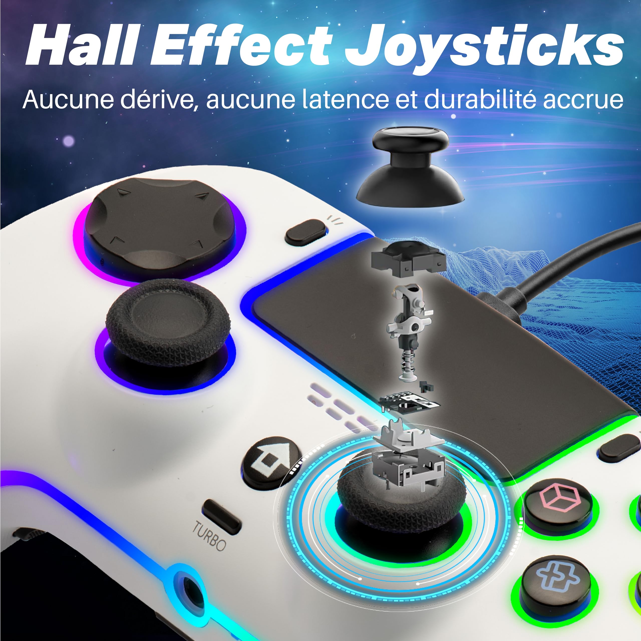 NITHO NOVA Manette Filaire Compatible avec PS5/PC/Android/MAC/Steam Deck, Contrôleur avec Effect Hall, Paddles Programmable, Turbo, Gyroscope à 6 axes, Double Vibration, Éclairage RGB & Prise Casque