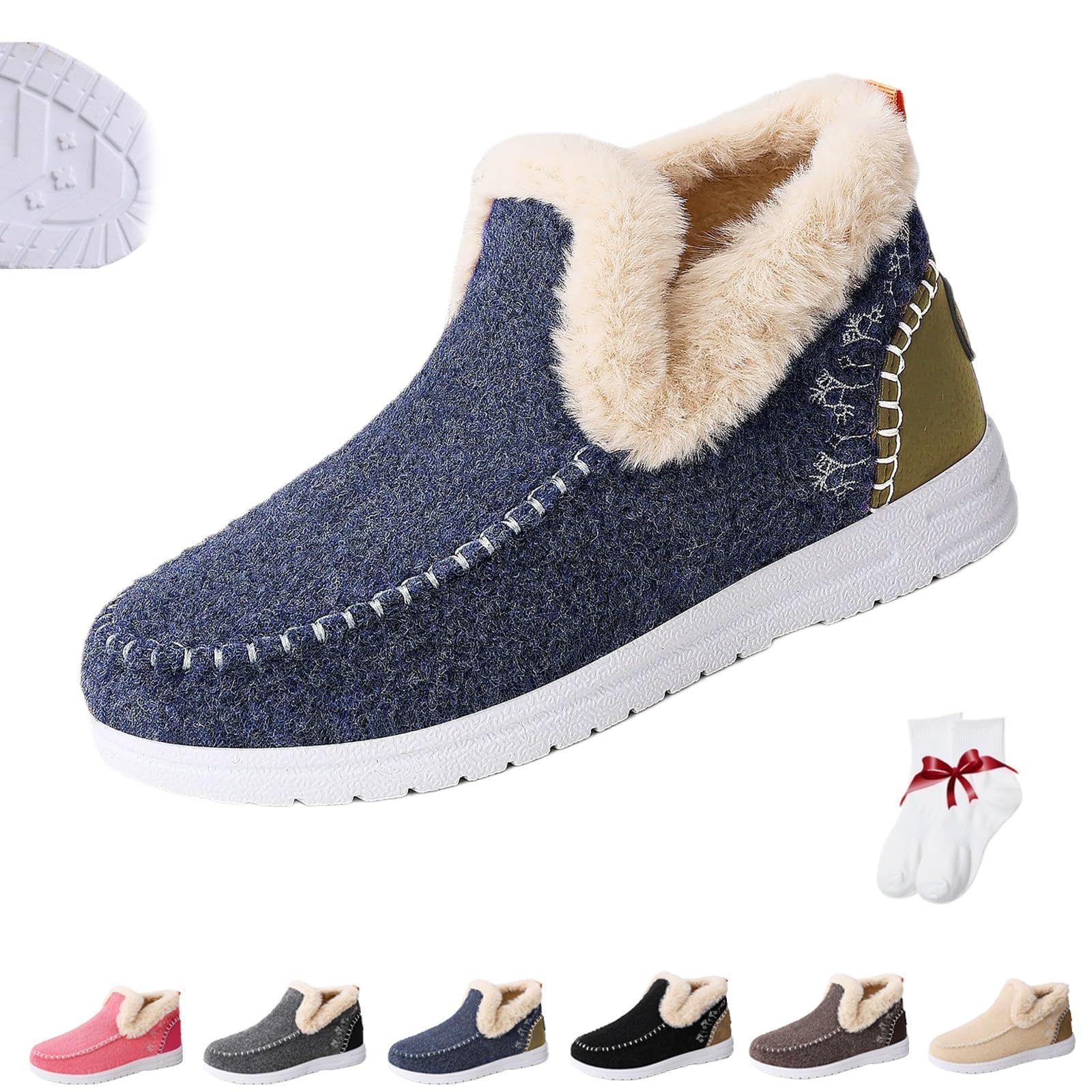 Womens Winter Plush Lined Flat Shoes Warm Faux Fur Comfy Orthopedic Anti-Slip on Loafer Casual Ankle Snow Boots