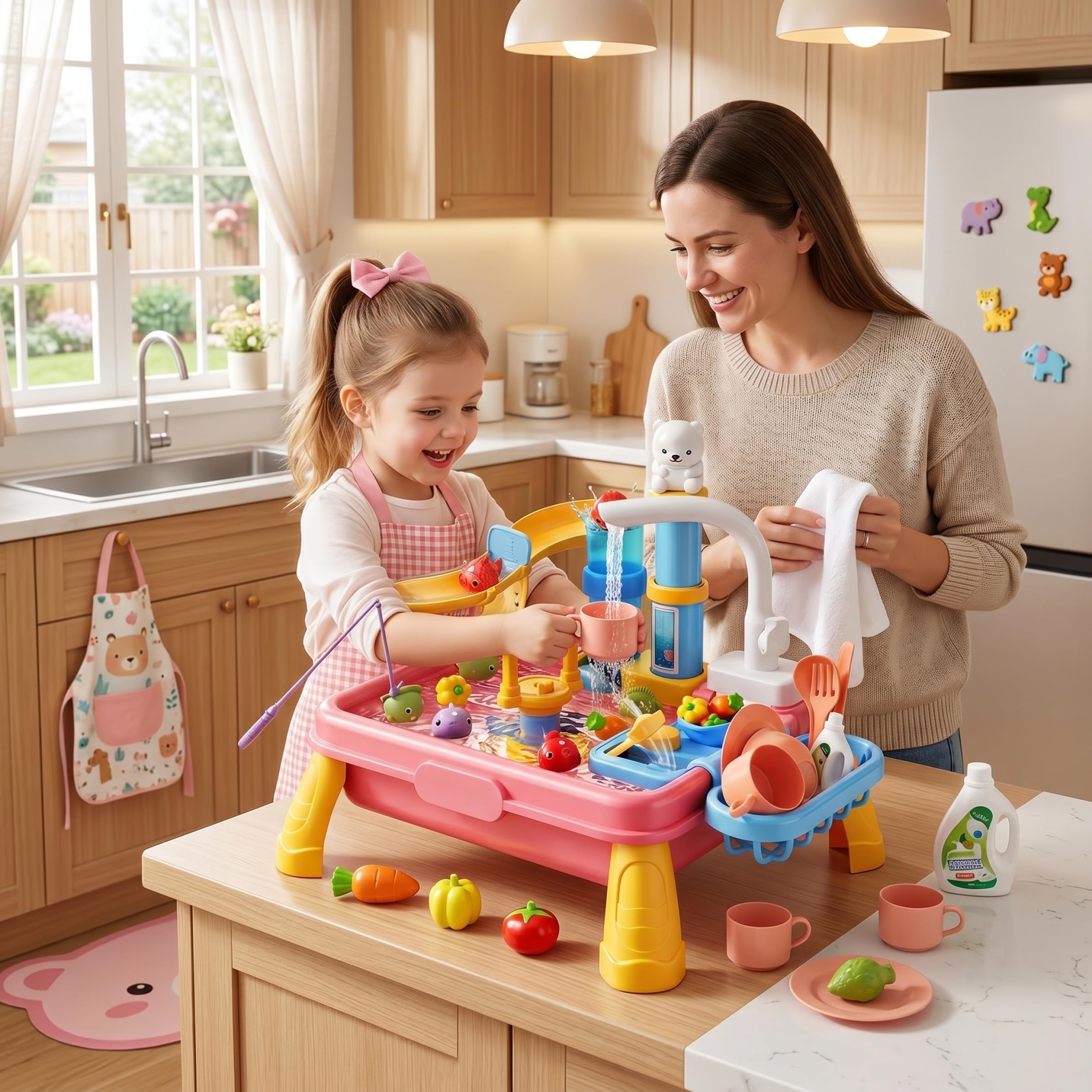 Lavandino Giocattolo con Acqua Corrente Tavolo da Gioco Acquatico 7 in 1 per Bambini con Giocattolo da Pesca Cucina realistica per Giochi di Ruolo circolazione Automatica per Bambini Style1