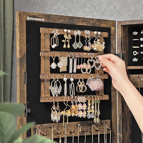Miniatura 8 de SONGMICS Armario de joyería con cerradura con espejo, organizador de almacenamiento de joyas para ahorrar espacio montado en la pared, color marrón