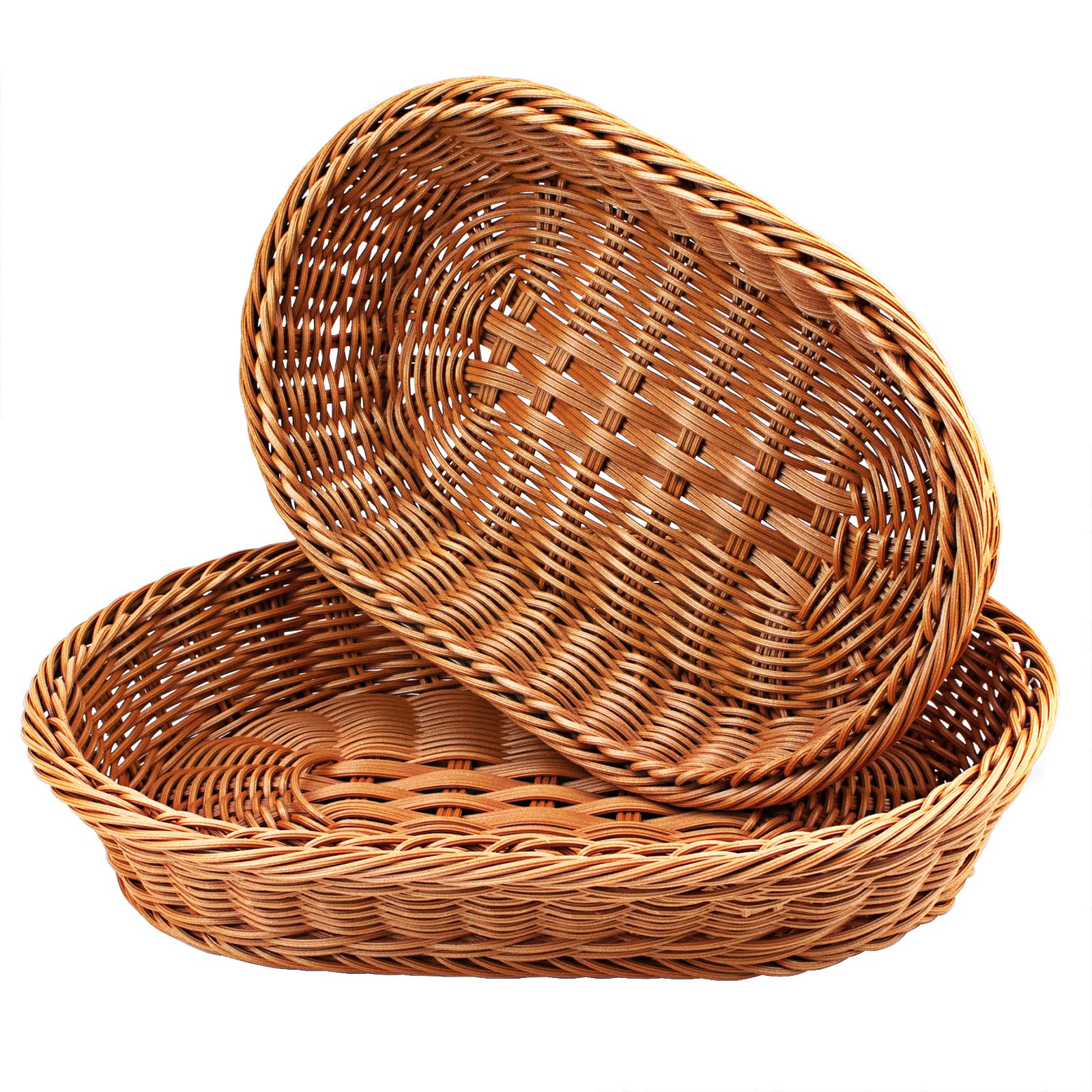 WANDIC 2 Pack Poly-Wicker Woven Baskets,Stackable Imitation Vine Bread Baskets Oval Wicker Tray for Food Display Vegetables Home Kitchen Restaurant Outdoor(Brown/2 Sizes)