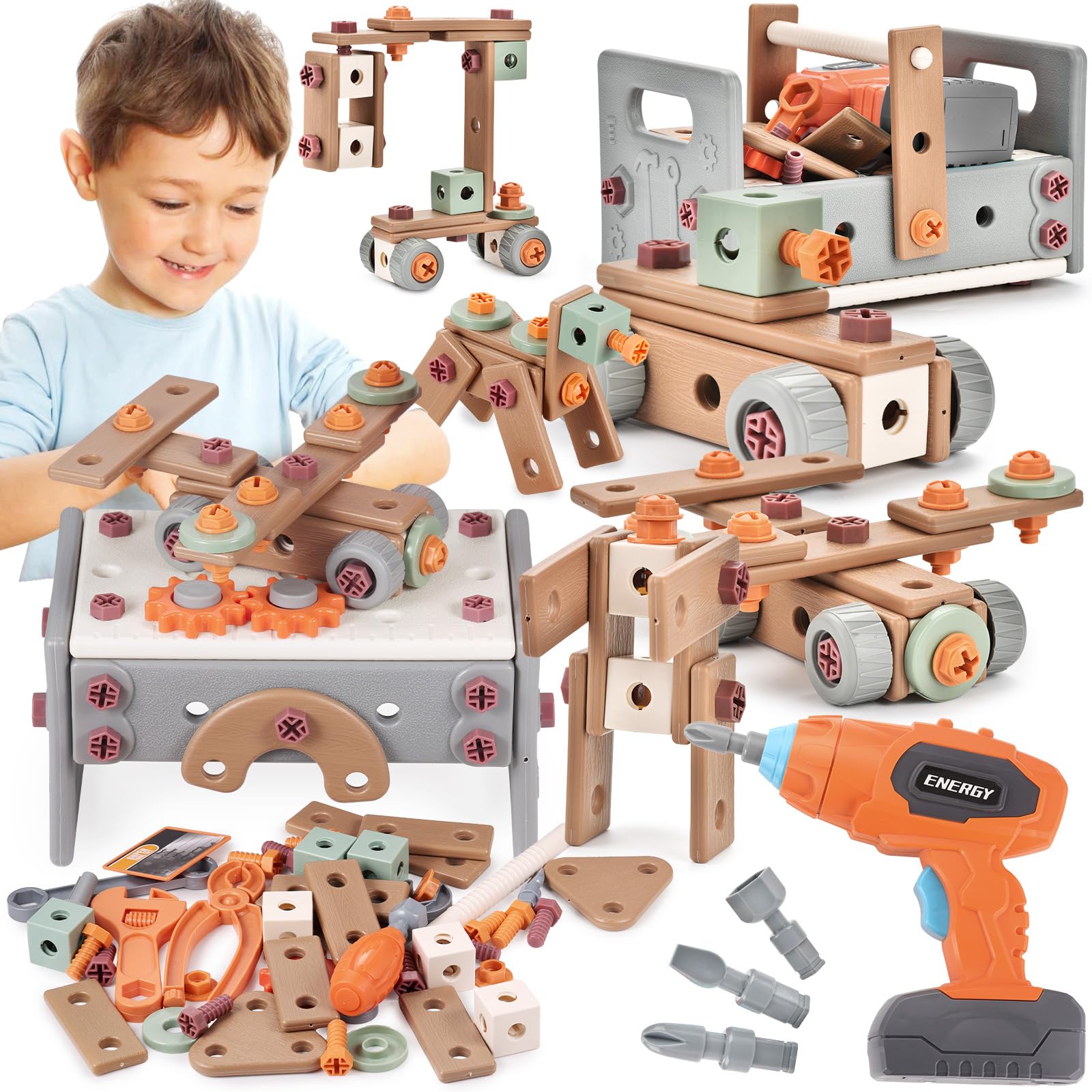GAGAKU Akkuschrauber Kinder 120-teiliges Werkzeug Werkzeugset Spielzeuge Montessori Kleinkinder Werkzeugkoffer Rollenspiel Bildungsspielzeug Baukit für Jungen und Mädchen ab 3 bis 10 Jahren