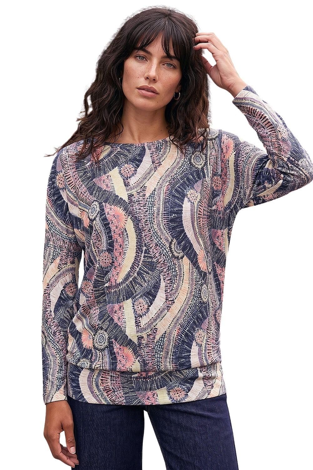 Roman Originals Women's Pink Blue Roman Blouson Top For Uk Drop Shoulder Long Sleeve Jersey Stretchy Oversized Casual Office Jumper Soft Everyday Sweater Lounge Sweatshirt Blouses - Size 16
