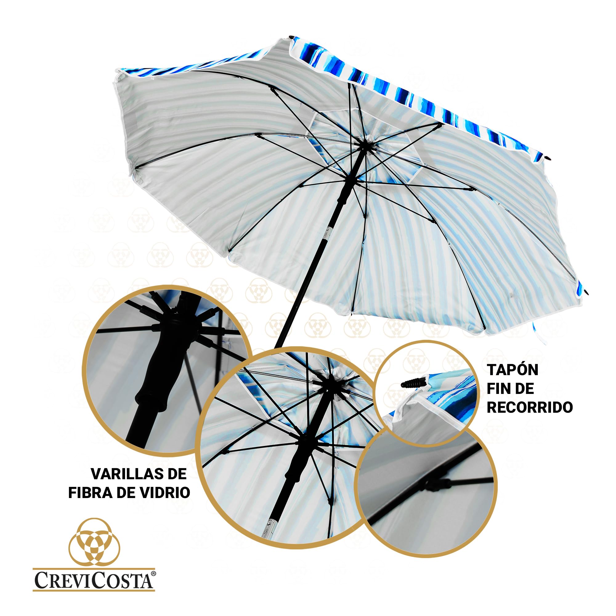 Ombrellone da spiaggia modello 200 cm con spirale e palo di viaggio totale. 8 Aste Protezione totale contro i raggi UV (Azzori), Azzorre (Azores), 200 cm, Moderno