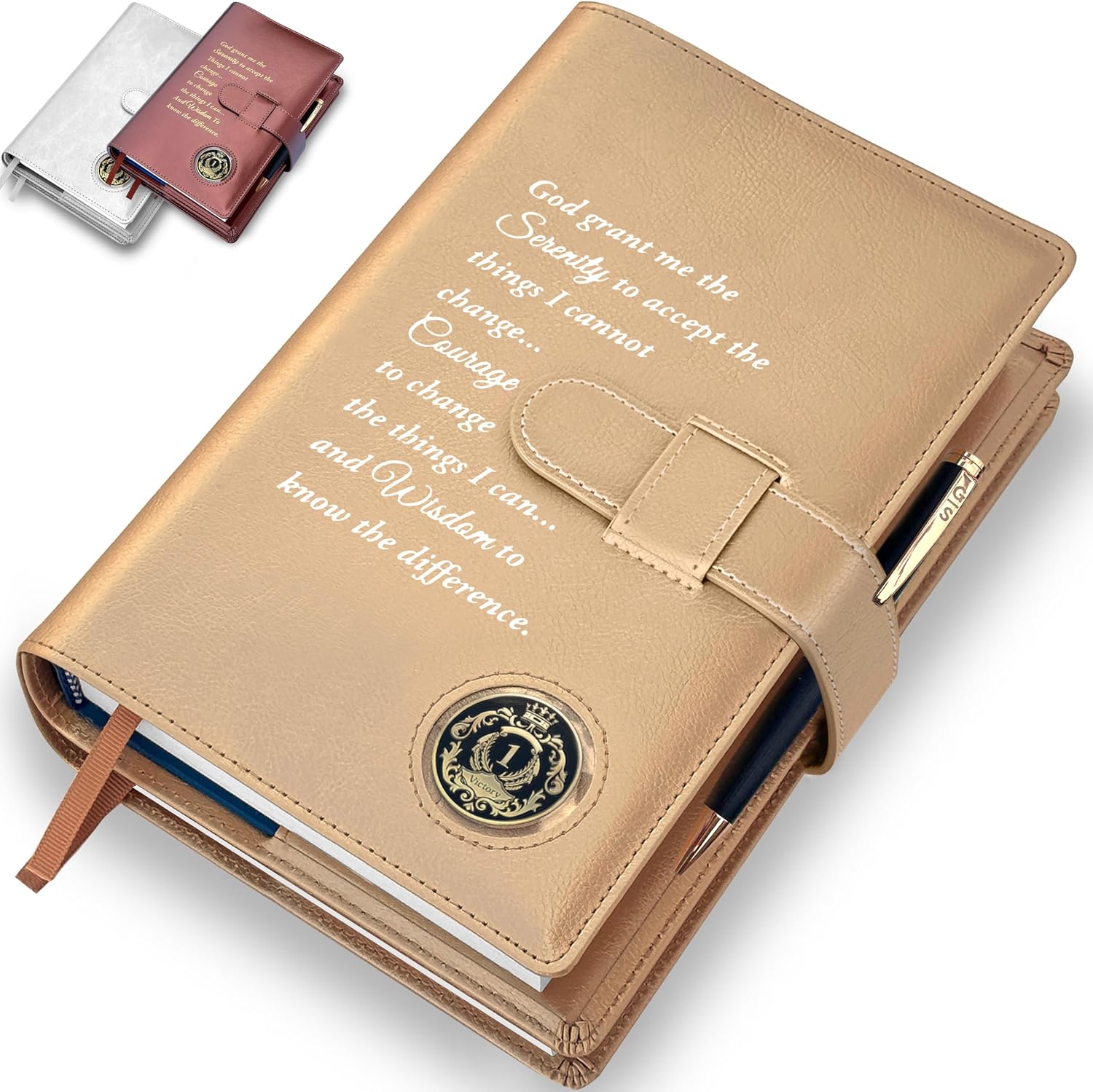GALILEO® Double AA Big Book Cover & 12 Steps & 12 Traditions | PU Leather | Coin Holder | AA Book Covers for Hardcover | AA Gift | Alcoholics Anonymous (Serenity Prayer/Gold)