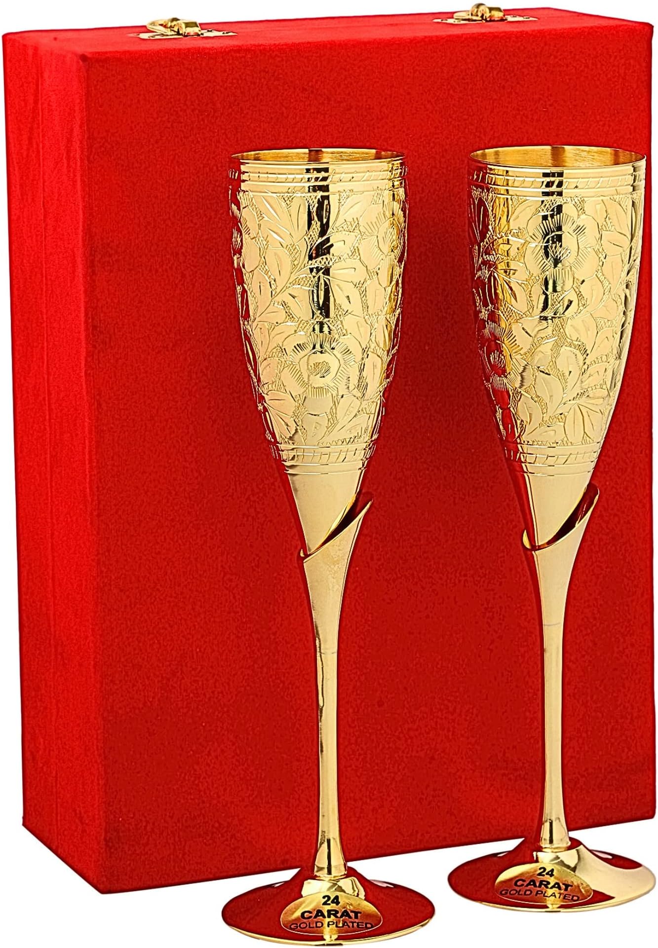 24K Gold Plated Wedding Champagne Flute for Bride & Groom Toasting Glass Set of 2, Brass Wine Goblet Metal Chalice Cup, Engraved Gift for Corporate Clients, Marriage Anniversary Couple, Newlyweds