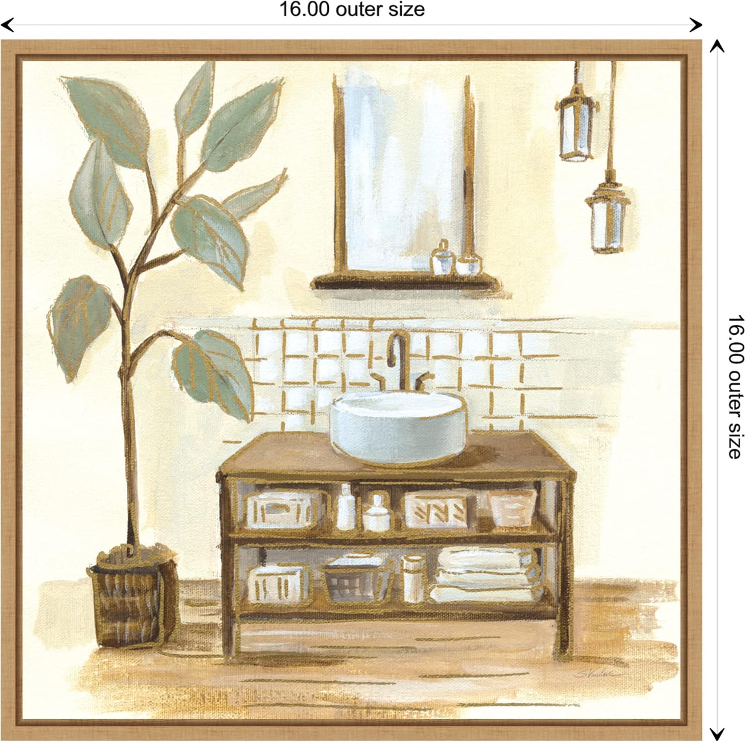 Sage Bathroom II Framed Canvas Wall Art Print 16 x 16