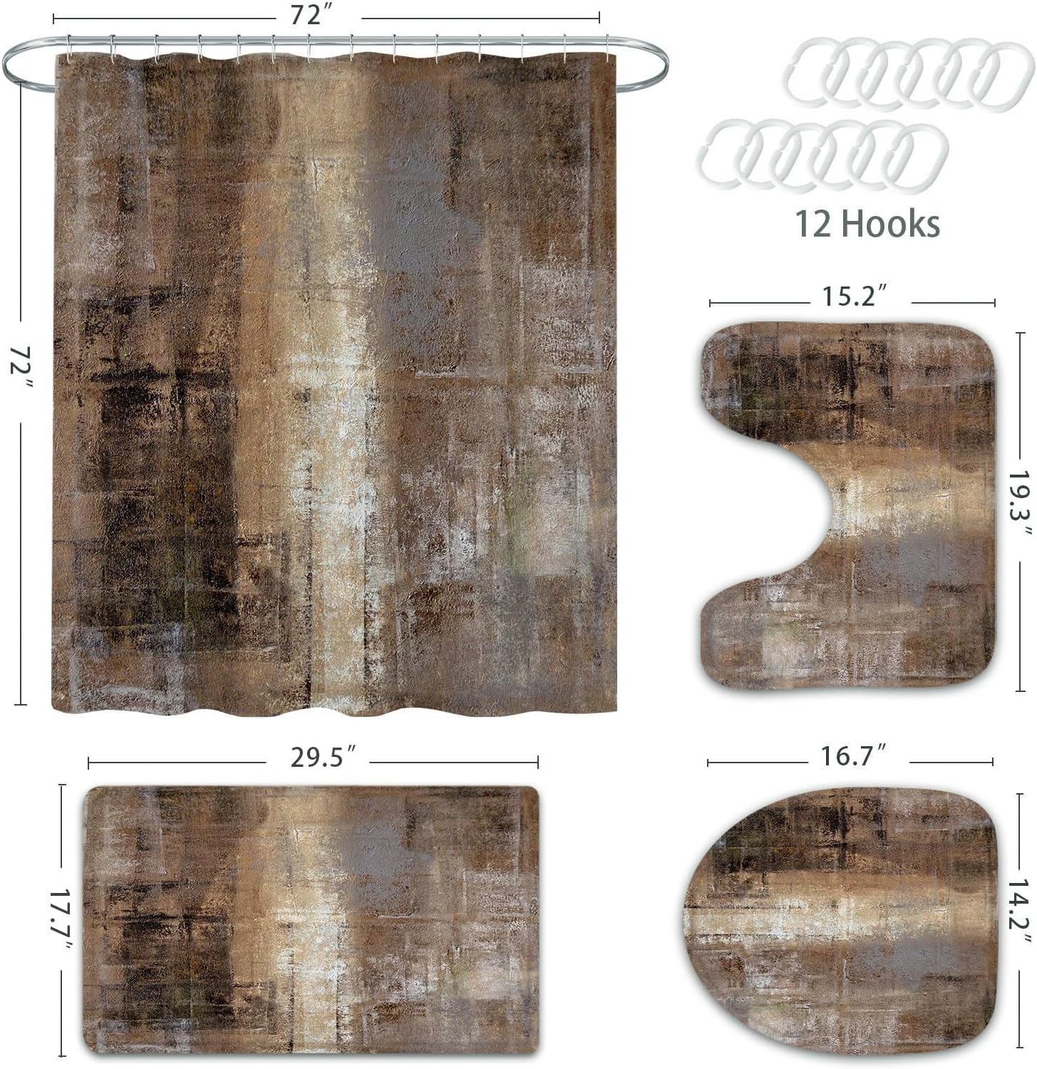 MitoVilla 4 Pcs Tan Rustic Bathroom Sets with Shower Curtain and Rugs for Paint Brush Bathroom Decor, and Brown Chair Covers for Dining Room Set of 6, 2 Item Bundle