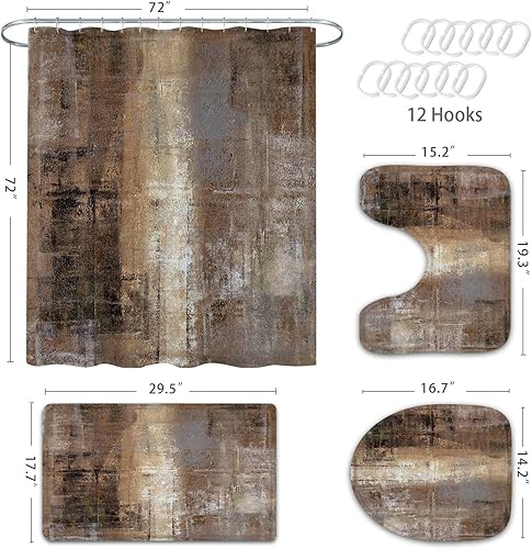 Miniatura 7 de MitoVilla Juego de 4 cortinas de ducha marrón degradado con alfombras, juego de baño rústico marrón con cortina de ducha y alfombras, juego