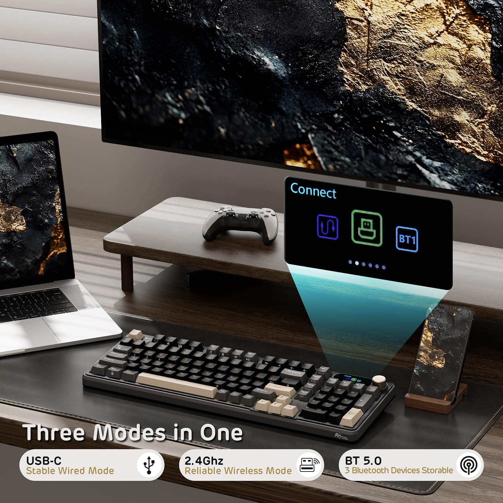 RK ROYAL KLUDGE S98 Tastiera meccanica display intelligente manopola, tastiera gioco wireless RGB 96% montaggio superiore BT/2.4G/USB-C, sostituibile caldo, supporto software, suono cremoso, 98 tasti