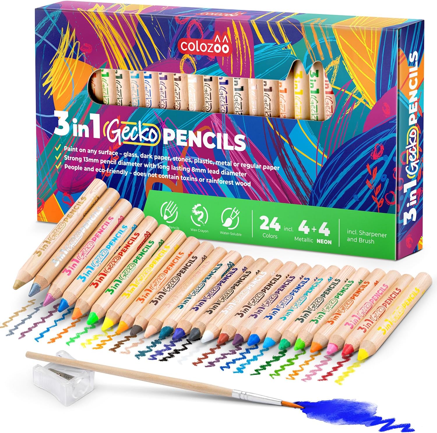 3 In 1 Color Pencil Set for Kids -24 Colored Pencil for Toddlers. Fat Coloring Pencils with Brush and Sharpener - Non-Toxic and Vegan Cute Color Pencils Perfect for Toddler Art Supplies