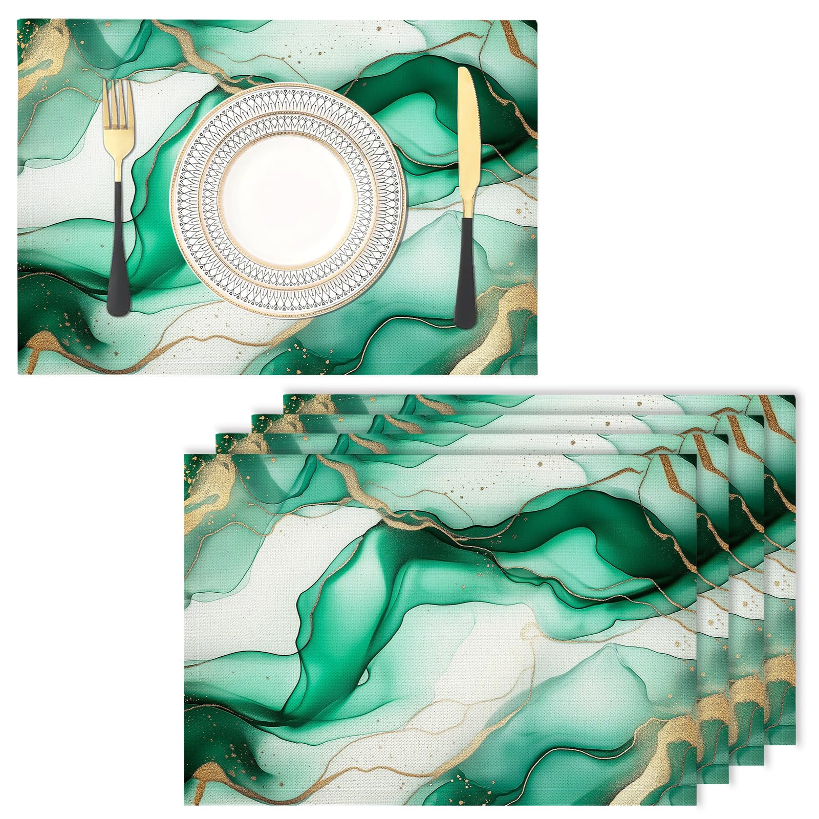 Set de table en tissu lin de coton vert émeraude lot de 4 marbre antidérapant