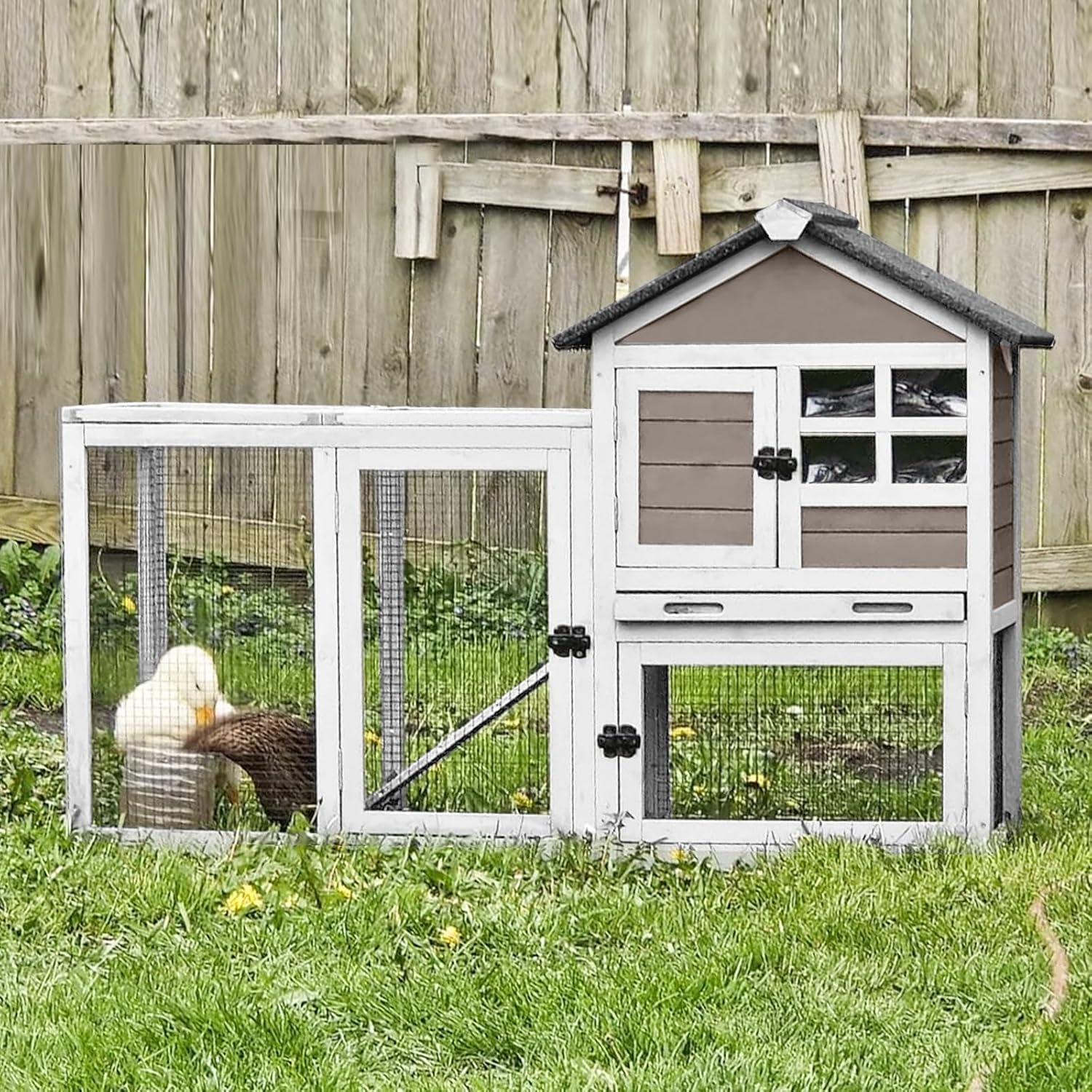 Aivituvin 51.6''L Rabbit Hutch Outdoor Chicken Coop Indoor Bunny Cage with Run,Guinea Pig House Pull Out Upper Tray 51.6" L x 25.2" W x 36.2" H (Brown)