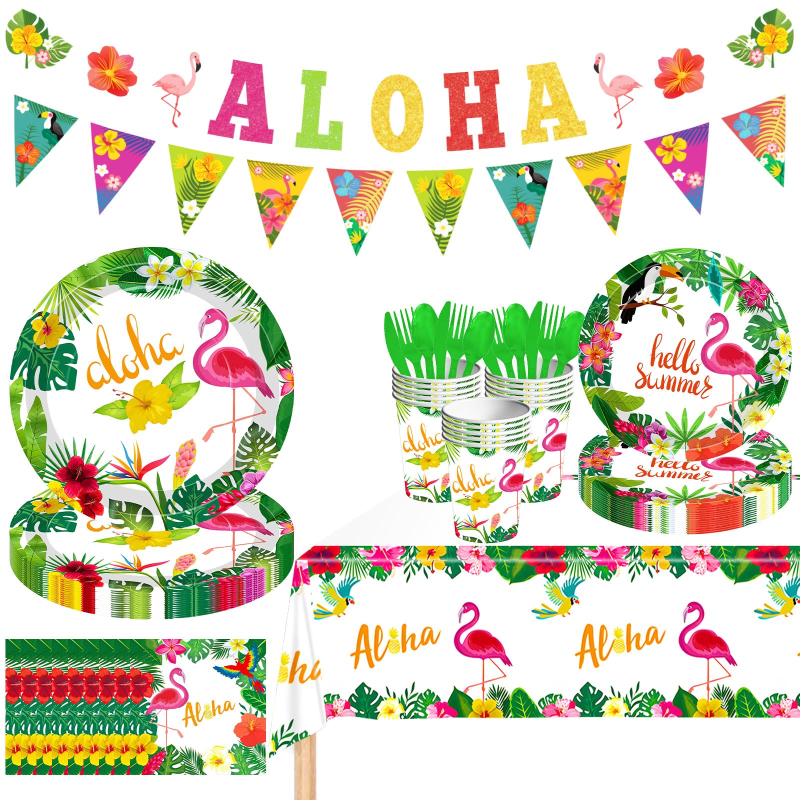 Hawaiian Tropical Luau Party Supplies Kit for 10, Summer Aloha Party Banner Flamingo Luau Party Plates Napkins Tablecloth with Forks Cup BBQ