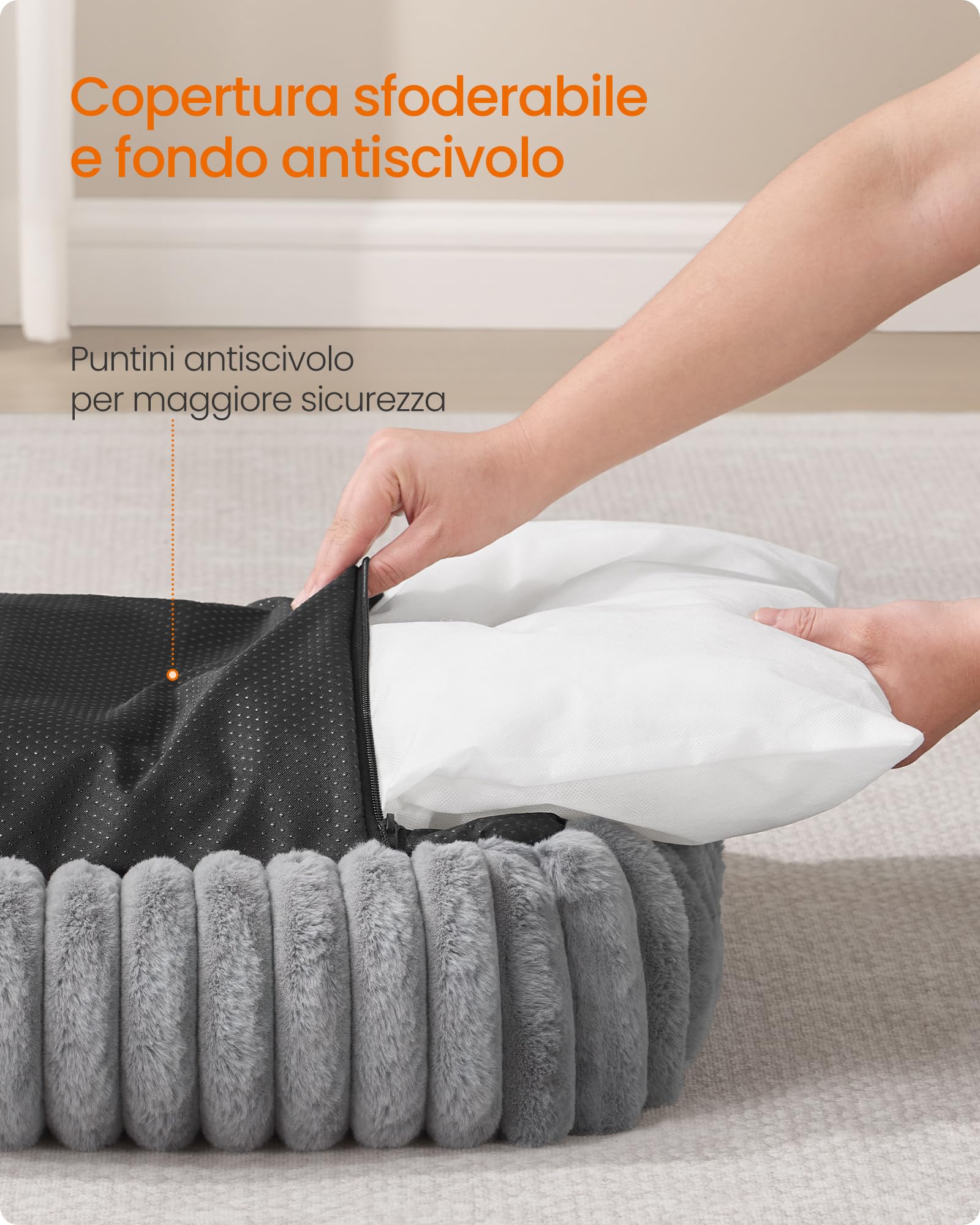 Feandrea Cuccia per Cani di Taglia Media, Lettino Ortopedico per Animali Domestici, Sfoderabile e Lavabile, Tappeto Soffice, Imbottitura Morbida, 71 x 55 x 18 cm, Grigio Tortora PGW311GD01
