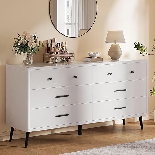 YITAHOME White 6 Drawer Dresser/TV Stand for 65 Inch TV Entertainment Center/Console Table with Black Metal Handles & Anti-Tipping Device for Living Room/Bedroom