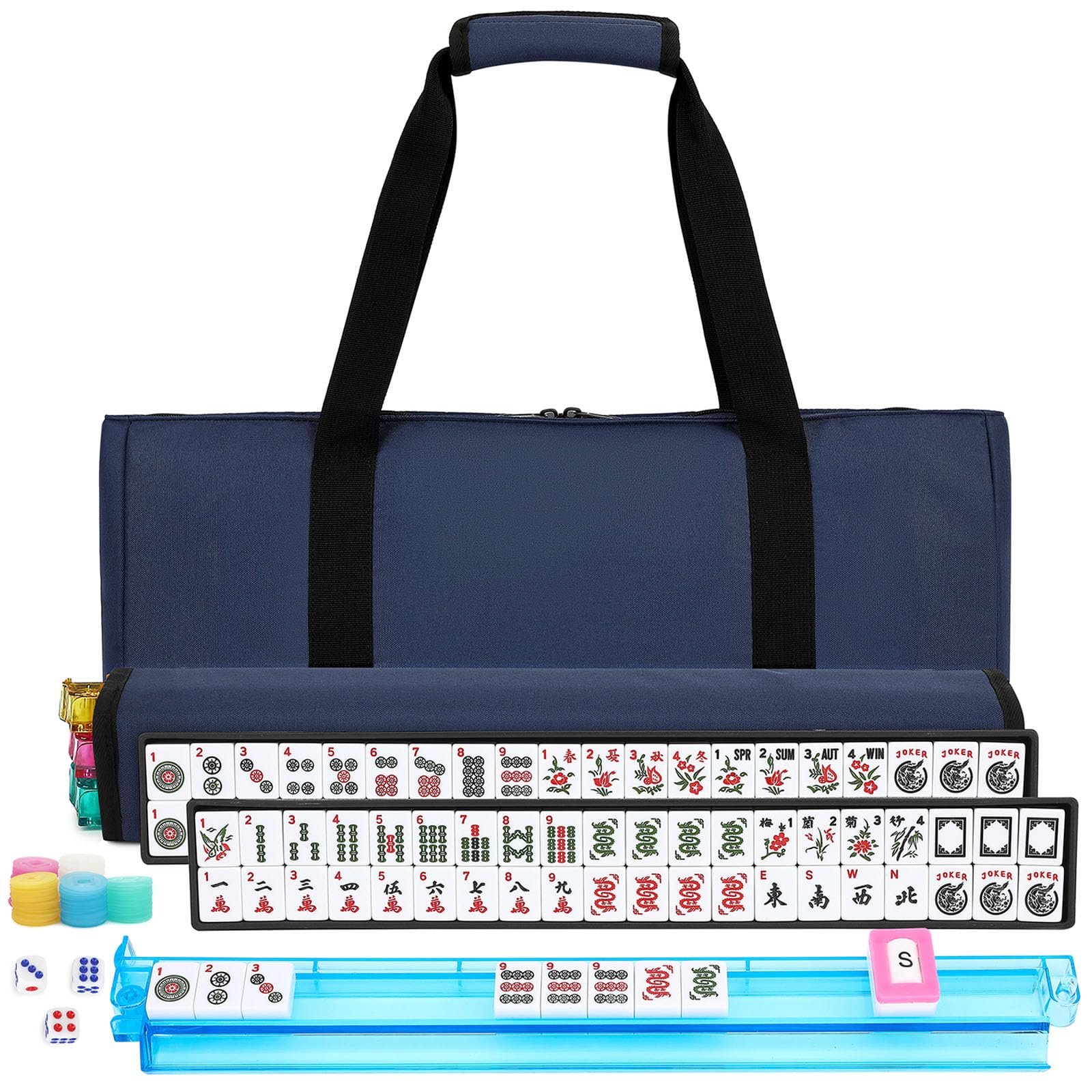 American Mahjong Tile Set,166 White Tiles Mahjong Set,4 Colors Mahjong Racks,Travel Mahjong Set with Blue Carrying Bag