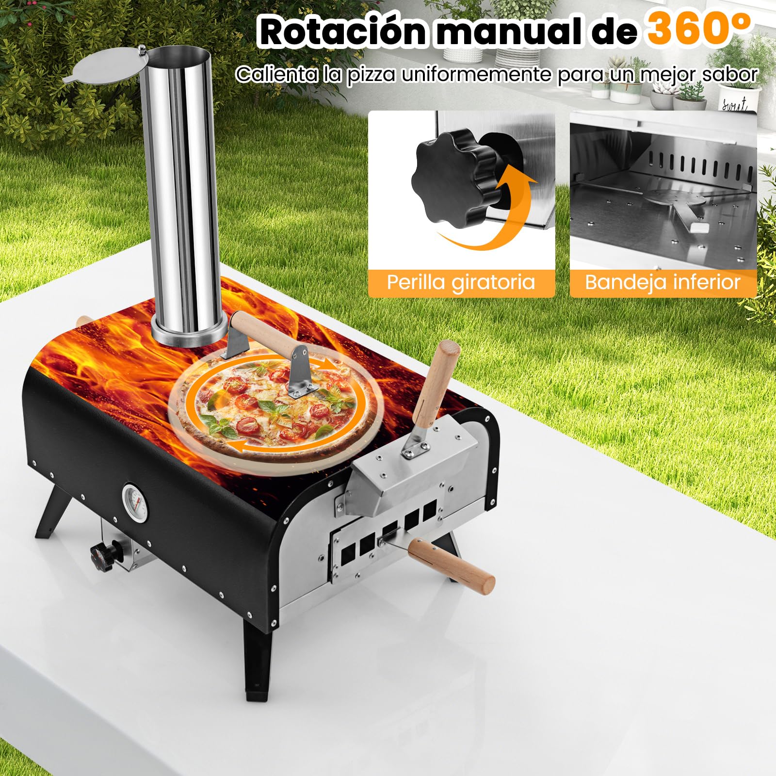 COSTWAY Horno Pizza, Horno Pizza Leña y Carbón, Piedra para Pizza de 30 cm, Inoxidable de 3 Capas con Termómetro, Pala para Pizza y Bolsa de Transporte