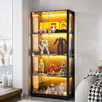TWSOUL Display Cabinet with LED Lighting and Glass Doors 4-Layer Glass Display Cabinet Collector's Display Cabinet with Intelligent Sensors for Collectibles Books Playroom Study