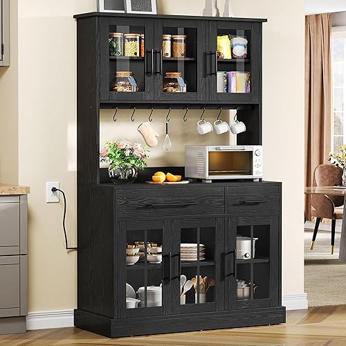 YITAHOME Armario de almacenamiento de despensa de cocina de 71 pulgadas con soporte para microondas, gabinete alto independiente con toma de