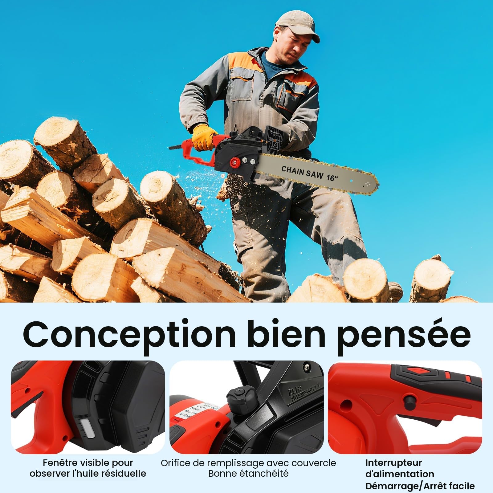 Tronçonneuse électrique 2000W 16 pouces, tronçonneuse filaire avec moteur en cuivre complet 800 tr/min, tronçonneuse à bois électrique à lubrification automatique pour le bois de chauffage et le